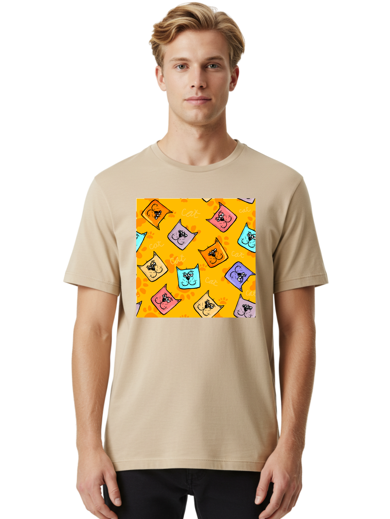 Cat-Pattern Men'S Graphic Tee, 100% Cotton, Comfortable Casual Summer Wear, Machine Washable, Cartoon Cats, Pastel Colors, Cat Faces, Playful Pattern, Cute Animals, Whimsical Design, Feline Friends, Adorable Illustrations, Fun Graphics, Aac384 8
