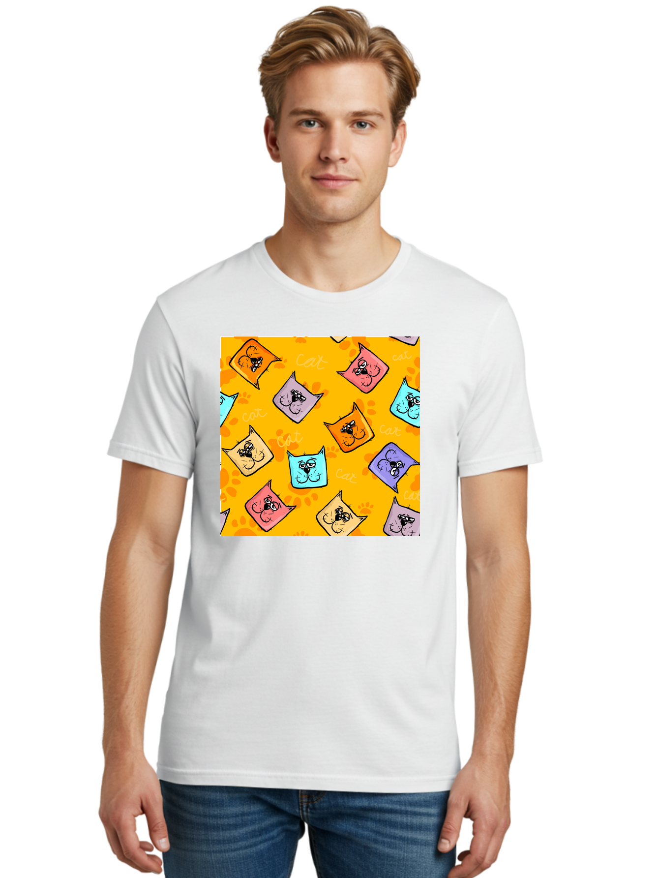 Cat-Pattern Men'S Graphic Tee, 100% Cotton, Comfortable Casual Summer Wear, Machine Washable, Cartoon Cats, Pastel Colors, Cat Faces, Playful Pattern, Cute Animals, Whimsical Design, Feline Friends, Adorable Illustrations, Fun Graphics, Aac384 14