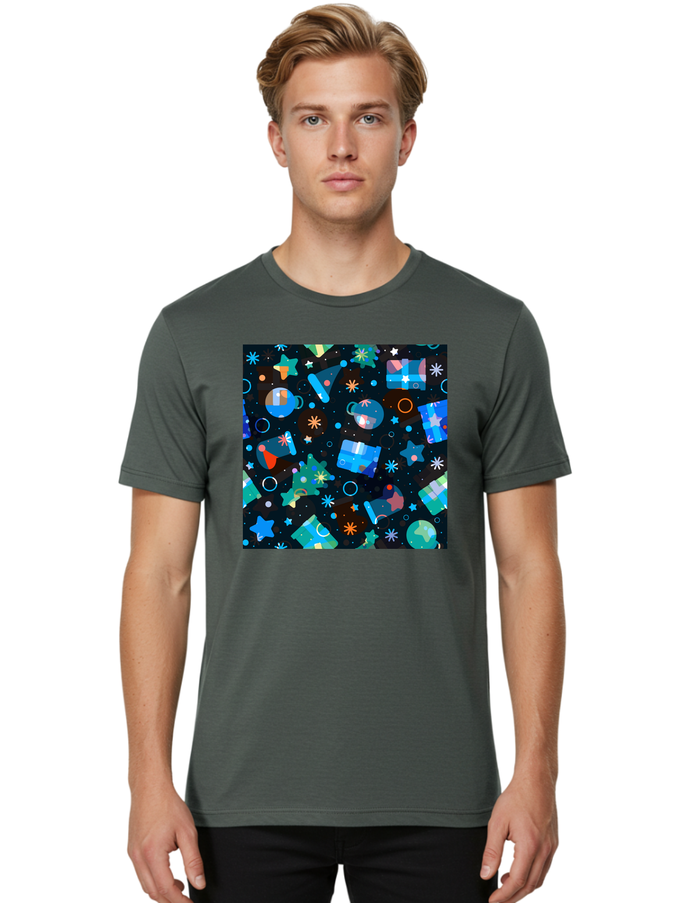 Christmas-Pattern Men'S Graphic Tee, 100% Cotton, Comfortable Casual Summer Wear, Machine Washable, Party Hats, Festive Decorations, Stars, Confetti, Balloons, Gift Boxes, Mug, Party Blowers, Celebratory Elements, Party Theme Aac385 24