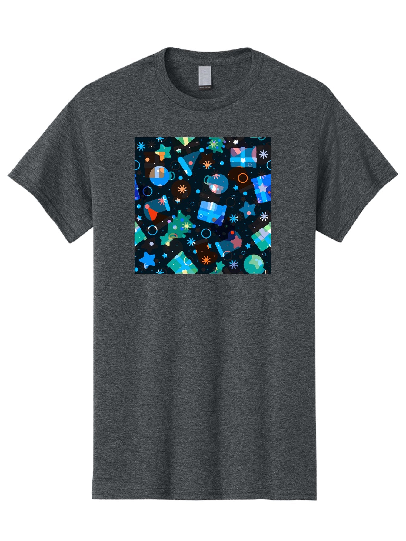 Christmas-Pattern Men'S Graphic Tee, 100% Cotton, Comfortable Casual Summer Wear, Machine Washable, Party Hats, Festive Decorations, Stars, Confetti, Balloons, Gift Boxes, Mug, Party Blowers, Celebratory Elements, Party Theme Aac385 8