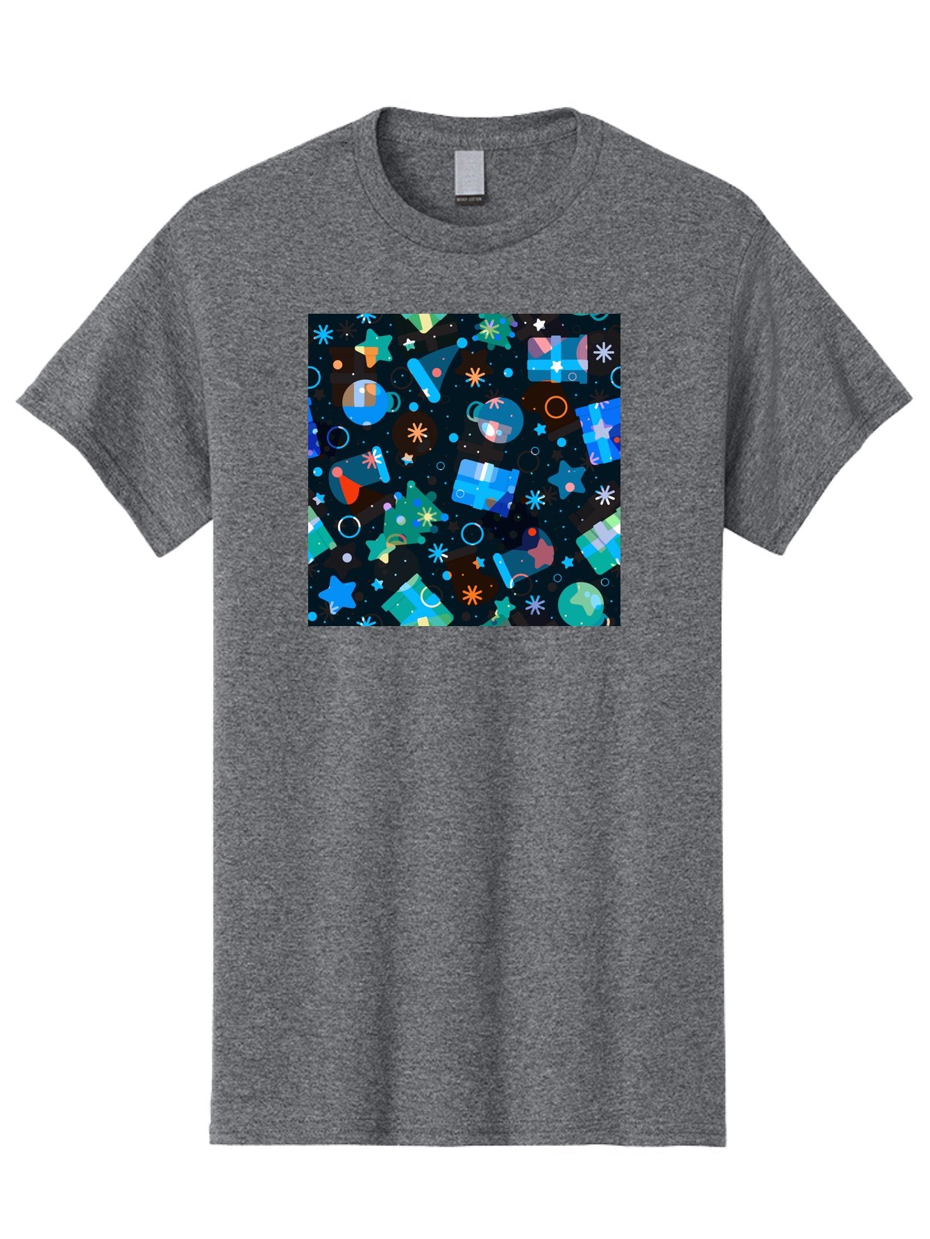Christmas-Pattern Men'S Graphic Tee, 100% Cotton, Comfortable Casual Summer Wear, Machine Washable, Party Hats, Festive Decorations, Stars, Confetti, Balloons, Gift Boxes, Mug, Party Blowers, Celebratory Elements, Party Theme Aac385