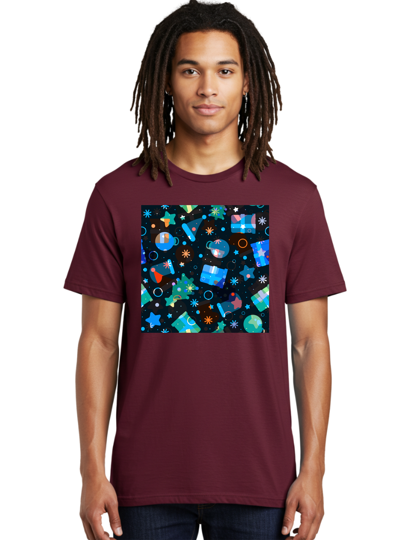 Christmas-Pattern Men'S Graphic Tee, 100% Cotton, Comfortable Casual Summer Wear, Machine Washable, Party Hats, Festive Decorations, Stars, Confetti, Balloons, Gift Boxes, Mug, Party Blowers, Celebratory Elements, Party Theme Aac385 4