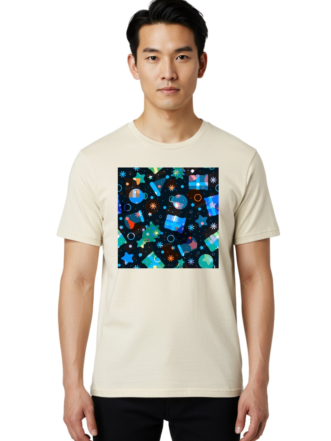 Christmas-Pattern Men'S Graphic Tee, 100% Cotton, Comfortable Casual Summer Wear, Machine Washable, Party Hats, Festive Decorations, Stars, Confetti, Balloons, Gift Boxes, Mug, Party Blowers, Celebratory Elements, Party Theme Aac385 28