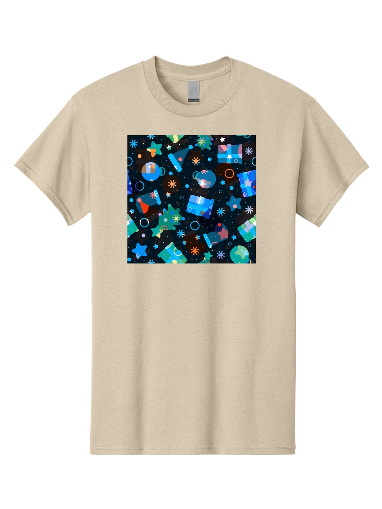 Christmas-Pattern Men'S Graphic Tee, 100% Cotton, Comfortable Casual Summer Wear, Machine Washable, Party Hats, Festive Decorations, Stars, Confetti, Balloons, Gift Boxes, Mug, Party Blowers, Celebratory Elements, Party Theme Aac385 9