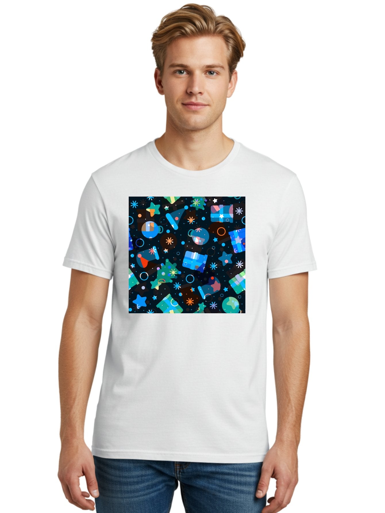 Christmas-Pattern Men'S Graphic Tee, 100% Cotton, Comfortable Casual Summer Wear, Machine Washable, Party Hats, Festive Decorations, Stars, Confetti, Balloons, Gift Boxes, Mug, Party Blowers, Celebratory Elements, Party Theme Aac385 30