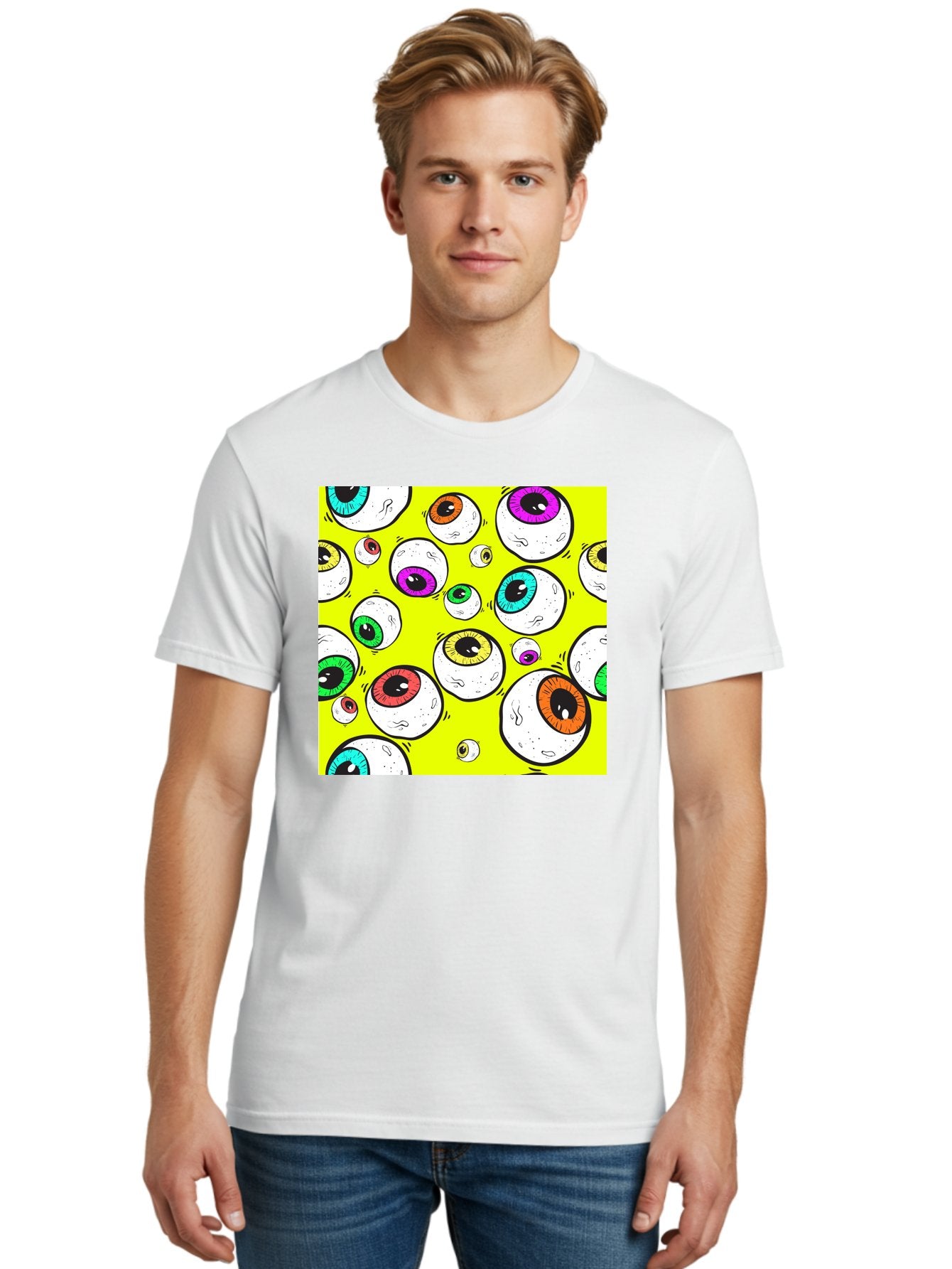 Colorful-Eyeballs Men'S Graphic Tee, 100% Cotton, Comfortable Casual Summer Wear, Machine Washable, Cartoon Eyeballs, Colorful Eyes, Vibrant Colors, Pop Art, Playful Graphics, Quirky Design, Eye-Catching Visuals, Fun Illustration, Aac386 17