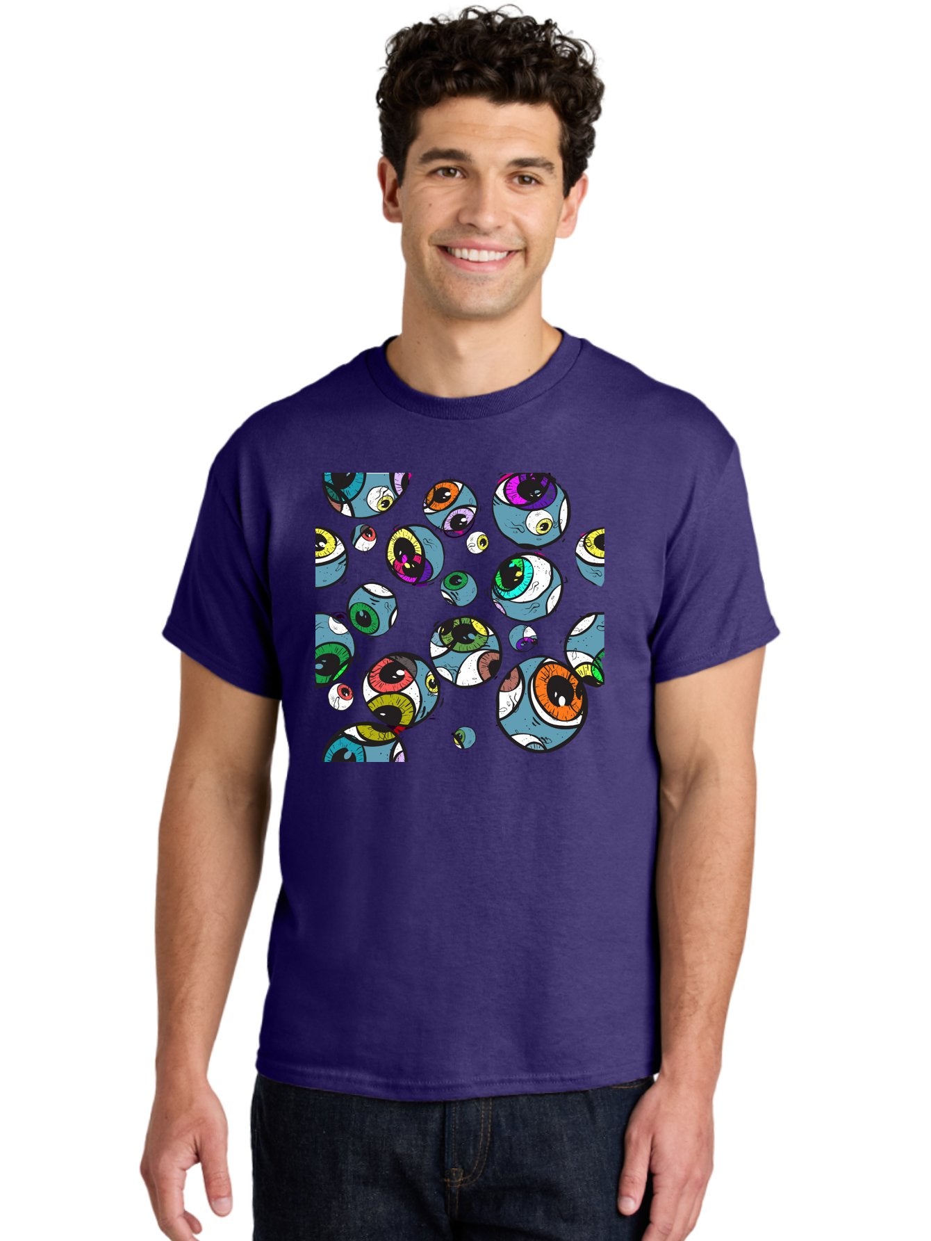 Eyes Men'S Graphic Tee, 100% Cotton, Comfortable Casual Summer Wear, Machine Washable, Cartoon Eyes, Colorful Eyes, Vibrant Eyed Pattern, Playful Illustration, Surreal Art, Whimsical Design, Multiple Eyes, Purple Background, Quirky Graphics, Aac388 21