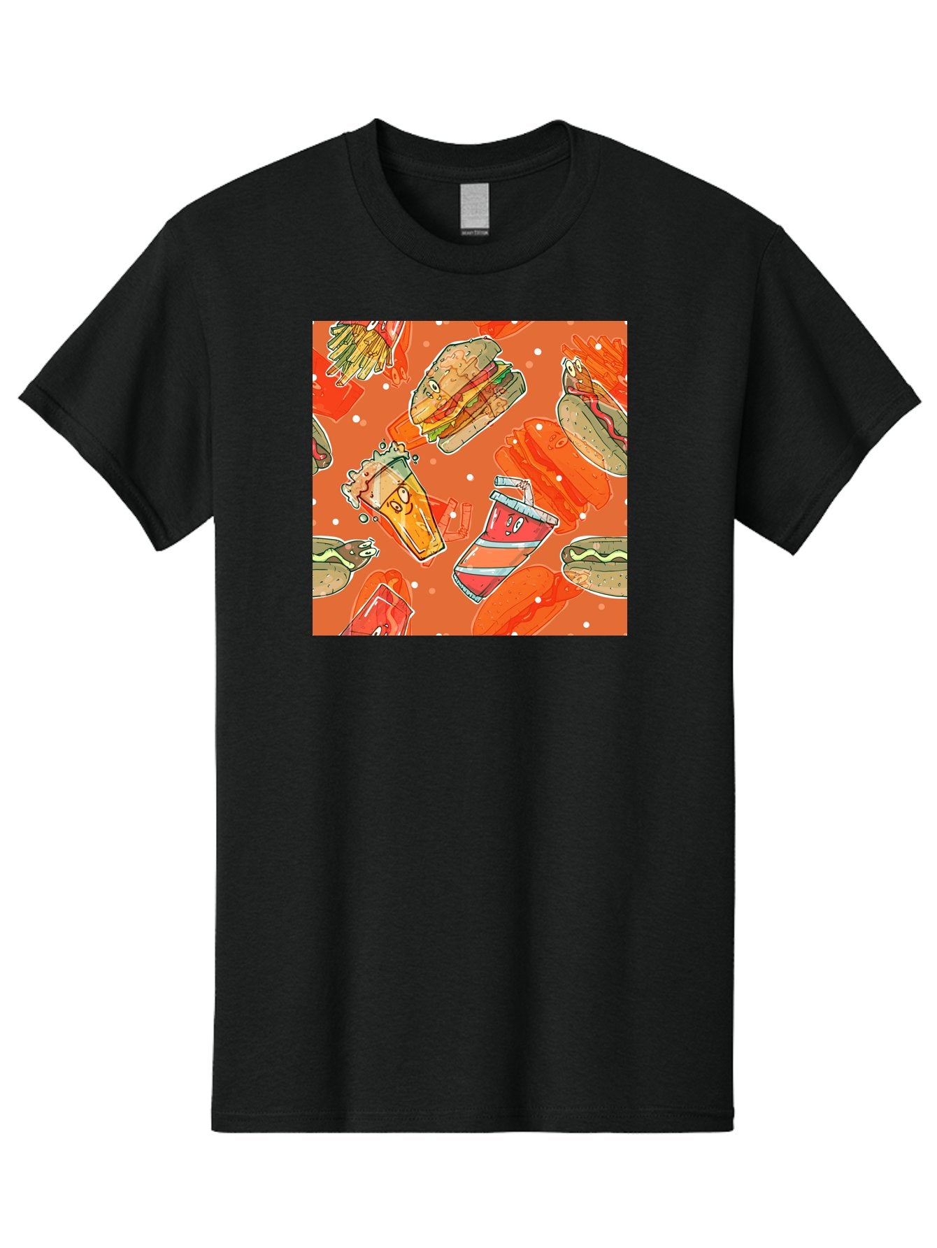Fast-Food Men'S Graphic Tee, 100% Cotton, Comfortable Casual Summer Wear, Machine Washable, Fast Food, Burgers, Sandwiches, Hot Dogs, Fries, Sweet Tea, Soda, Cartoon Food, Playful Pattern, Appetizing Illustrations, Foodie Culture, Junk Food Aac389 13