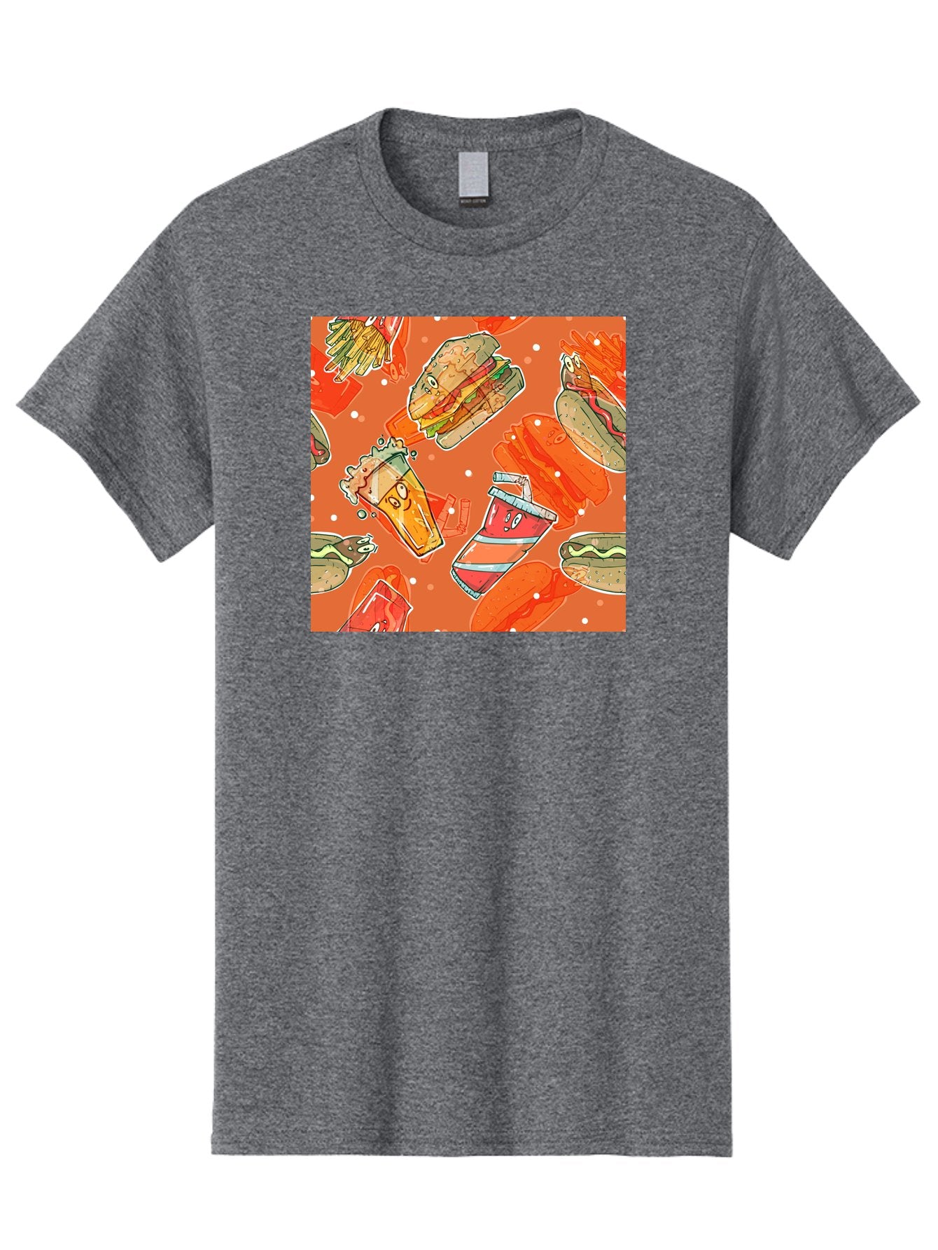 Fast-Food Men'S Graphic Tee, 100% Cotton, Comfortable Casual Summer Wear, Machine Washable, Fast Food, Burgers, Sandwiches, Hot Dogs, Fries, Sweet Tea, Soda, Cartoon Food, Playful Pattern, Appetizing Illustrations, Foodie Culture, Junk Food Aac389 9