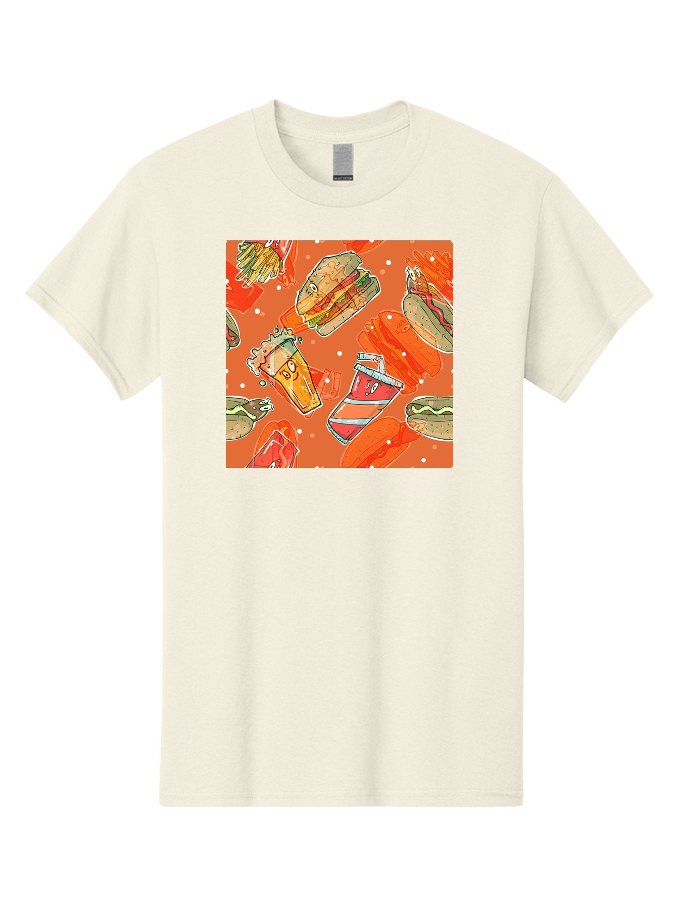 Fast-Food Men'S Graphic Tee, 100% Cotton, Comfortable Casual Summer Wear, Machine Washable, Fast Food, Burgers, Sandwiches, Hot Dogs, Fries, Sweet Tea, Soda, Cartoon Food, Playful Pattern, Appetizing Illustrations, Foodie Culture, Junk Food Aac389 15