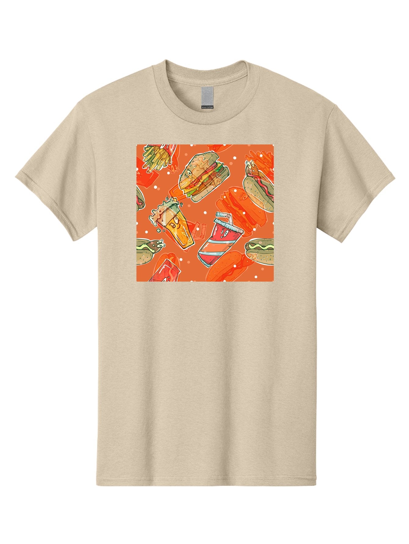 Fast-Food Men'S Graphic Tee, 100% Cotton, Comfortable Casual Summer Wear, Machine Washable, Fast Food, Burgers, Sandwiches, Hot Dogs, Fries, Sweet Tea, Soda, Cartoon Food, Playful Pattern, Appetizing Illustrations, Foodie Culture, Junk Food Aac389 14
