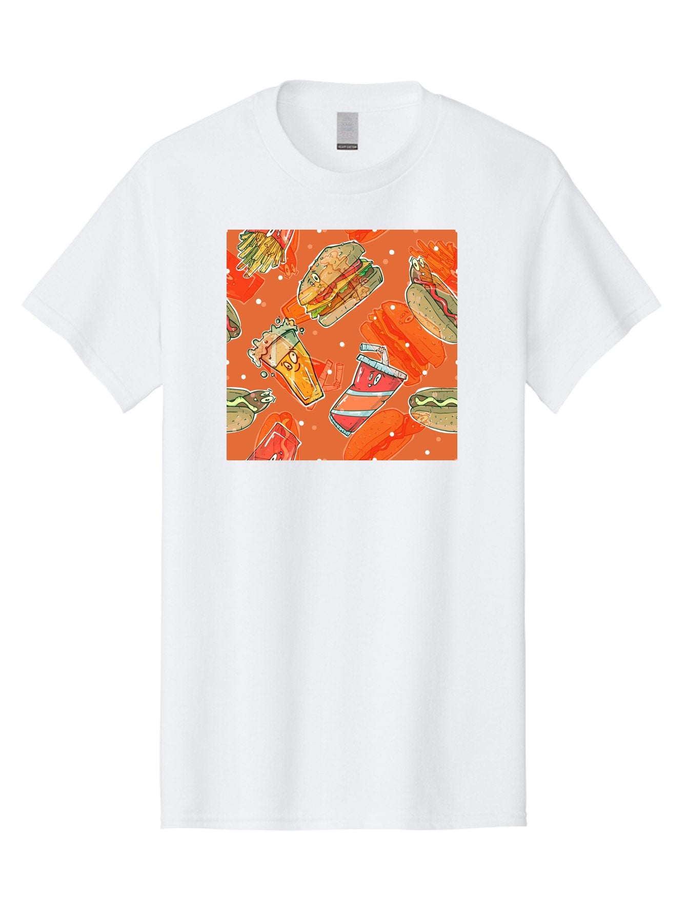 Fast-Food Men'S Graphic Tee, 100% Cotton, Comfortable Casual Summer Wear, Machine Washable, Fast Food, Burgers, Sandwiches, Hot Dogs, Fries, Sweet Tea, Soda, Cartoon Food, Playful Pattern, Appetizing Illustrations, Foodie Culture, Junk Food Aac389 7