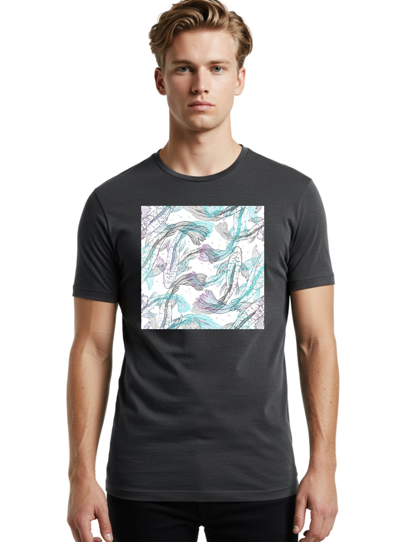 Fish-Pattern Men'S Graphic Tee, 100% Cotton, Comfortable Casual Summer Wear, Machine Washable, Koi Fish Pattern, Watercolor Illustration, Abstract Design, Pastel Colors, Whimsical Art, Fish Swimming, Decorative Motif, Artistic Expression, Aac390 4
