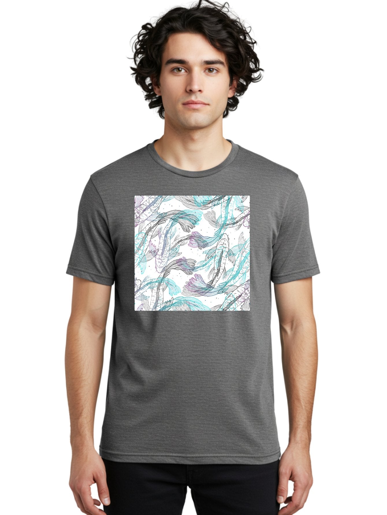 Fish-Pattern Men'S Graphic Tee, 100% Cotton, Comfortable Casual Summer Wear, Machine Washable, Koi Fish Pattern, Watercolor Illustration, Abstract Design, Pastel Colors, Whimsical Art, Fish Swimming, Decorative Motif, Artistic Expression, Aac390