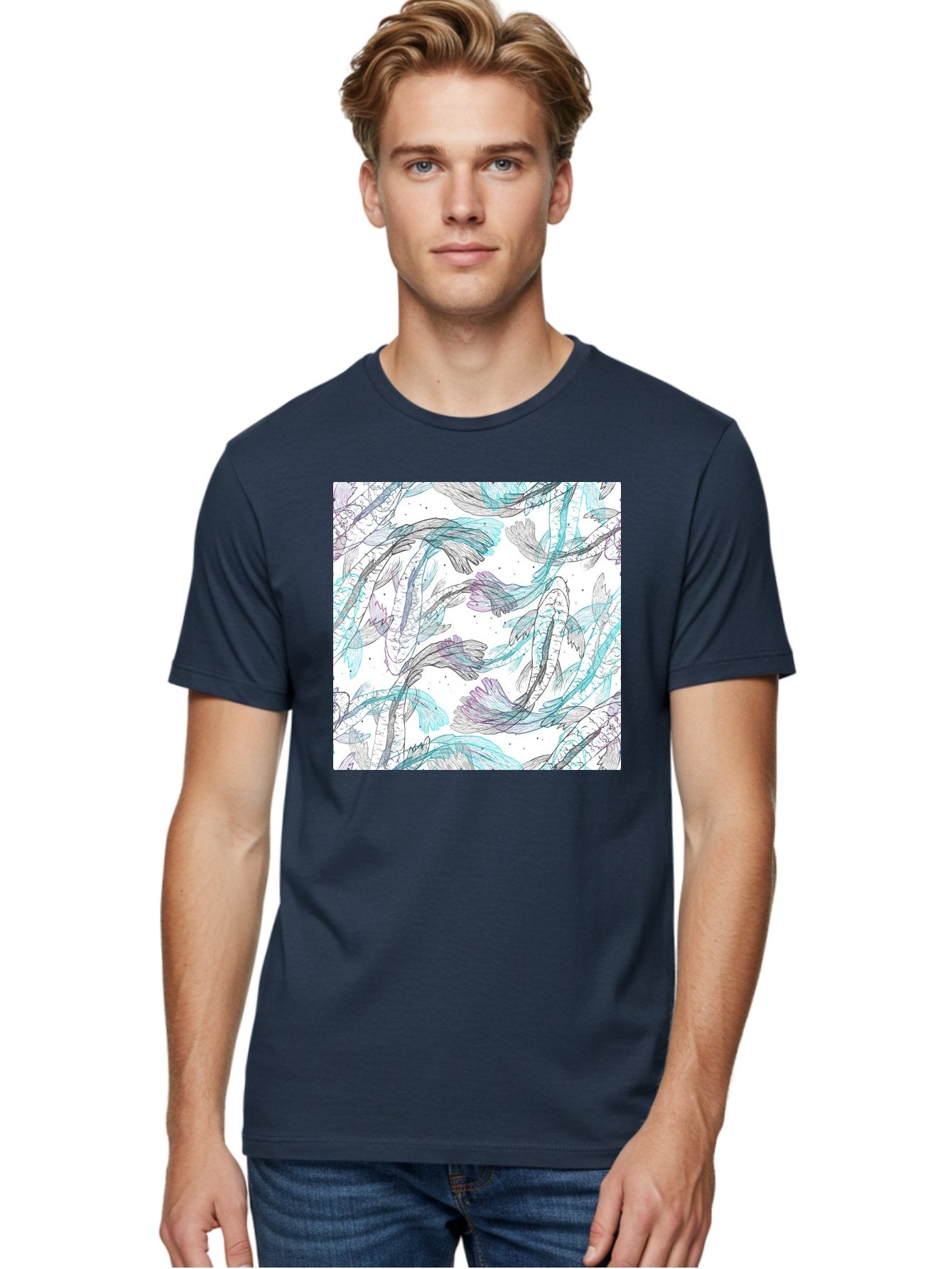 Fish-Pattern Men'S Graphic Tee, 100% Cotton, Comfortable Casual Summer Wear, Machine Washable, Koi Fish Pattern, Watercolor Illustration, Abstract Design, Pastel Colors, Whimsical Art, Fish Swimming, Decorative Motif, Artistic Expression, Aac390 10