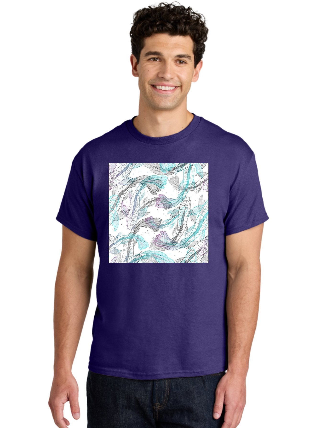 Fish-Pattern Men'S Graphic Tee, 100% Cotton, Comfortable Casual Summer Wear, Machine Washable, Koi Fish Pattern, Watercolor Illustration, Abstract Design, Pastel Colors, Whimsical Art, Fish Swimming, Decorative Motif, Artistic Expression, Aac390 6