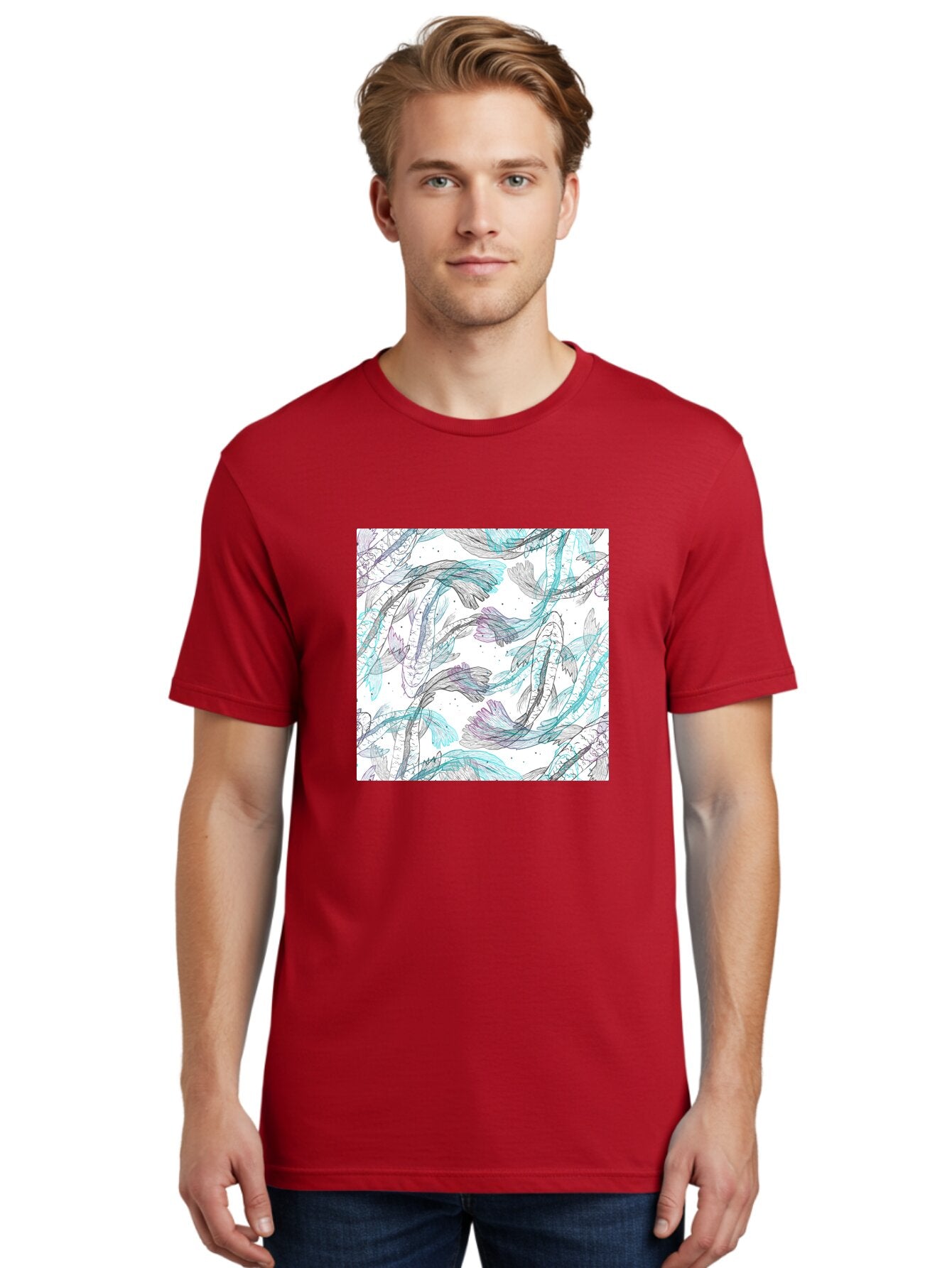 Fish-Pattern Men'S Graphic Tee, 100% Cotton, Comfortable Casual Summer Wear, Machine Washable, Koi Fish Pattern, Watercolor Illustration, Abstract Design, Pastel Colors, Whimsical Art, Fish Swimming, Decorative Motif, Artistic Expression, Aac390 8