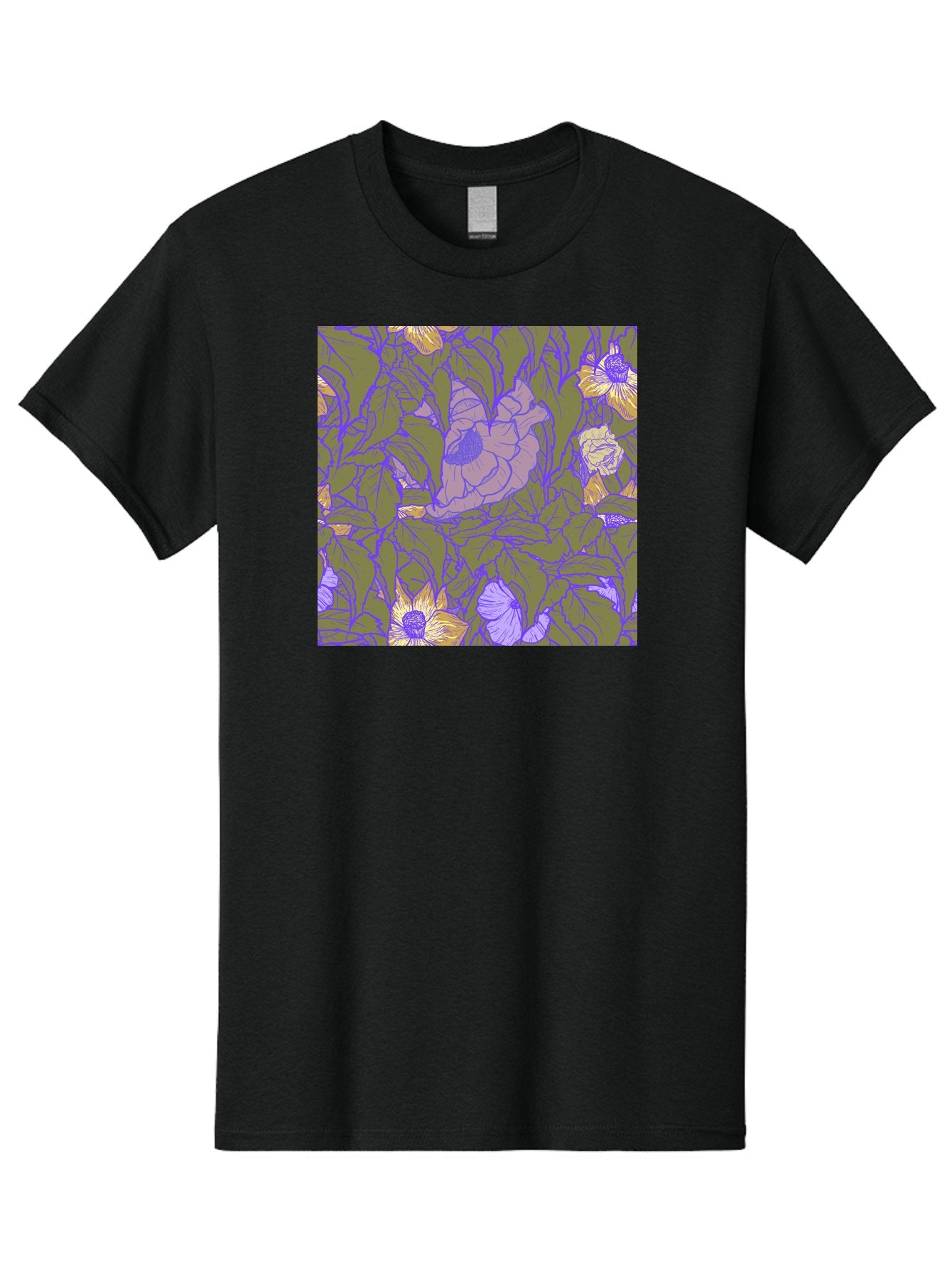 Floral-Pattern-1 Men'S Graphic Tee, 100% Cotton, Comfortable Casual Summer Wear, Machine Washable, Floral Pattern Design, Flower Arrangement, Pastel Colors, Yellow Flowers, Purple Outlines, Green Leaves, Artistic Illustration, Whimsical Decor, Aac391 4