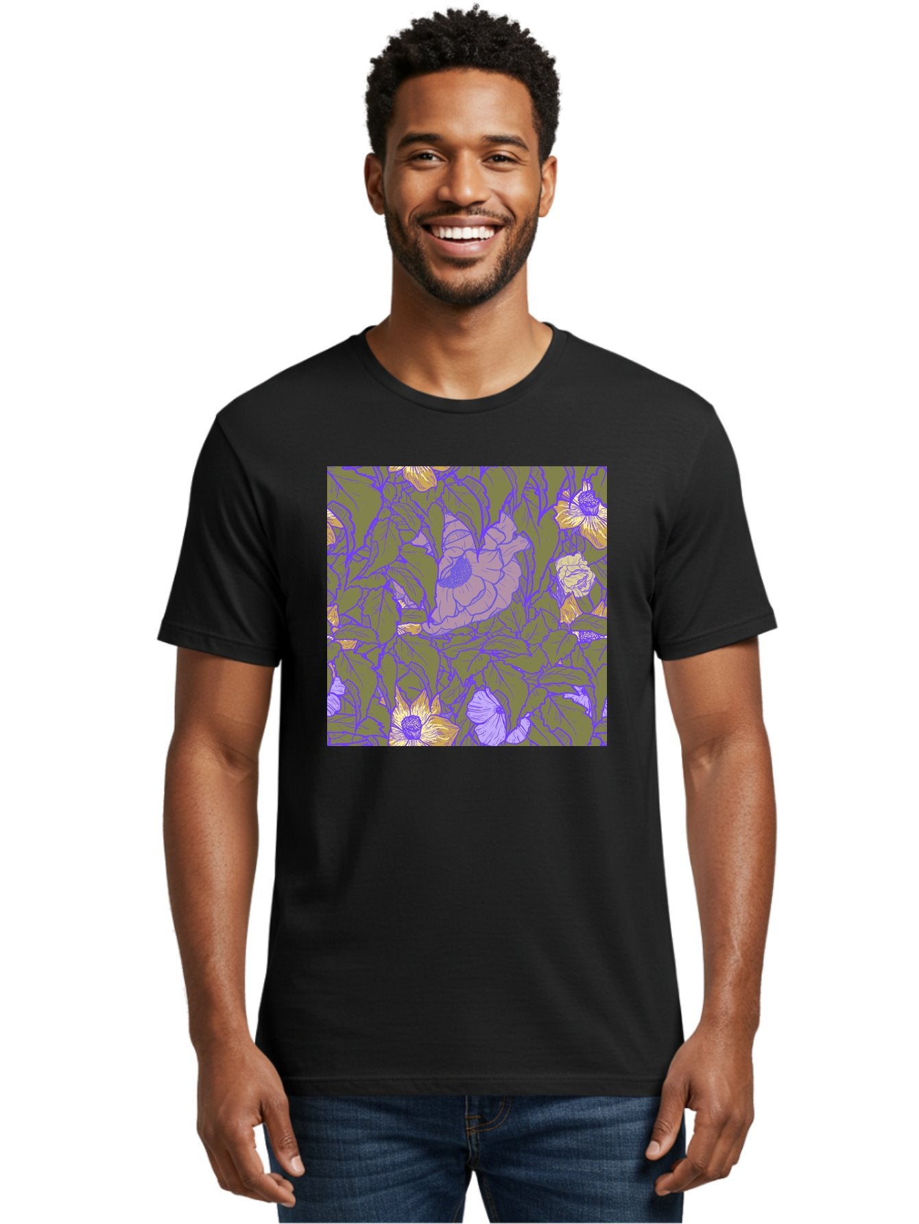 Floral-Pattern-1 Men'S Graphic Tee, 100% Cotton, Comfortable Casual Summer Wear, Machine Washable, Floral Pattern Design, Flower Arrangement, Pastel Colors, Yellow Flowers, Purple Outlines, Green Leaves, Artistic Illustration, Whimsical Decor, Aac391 18