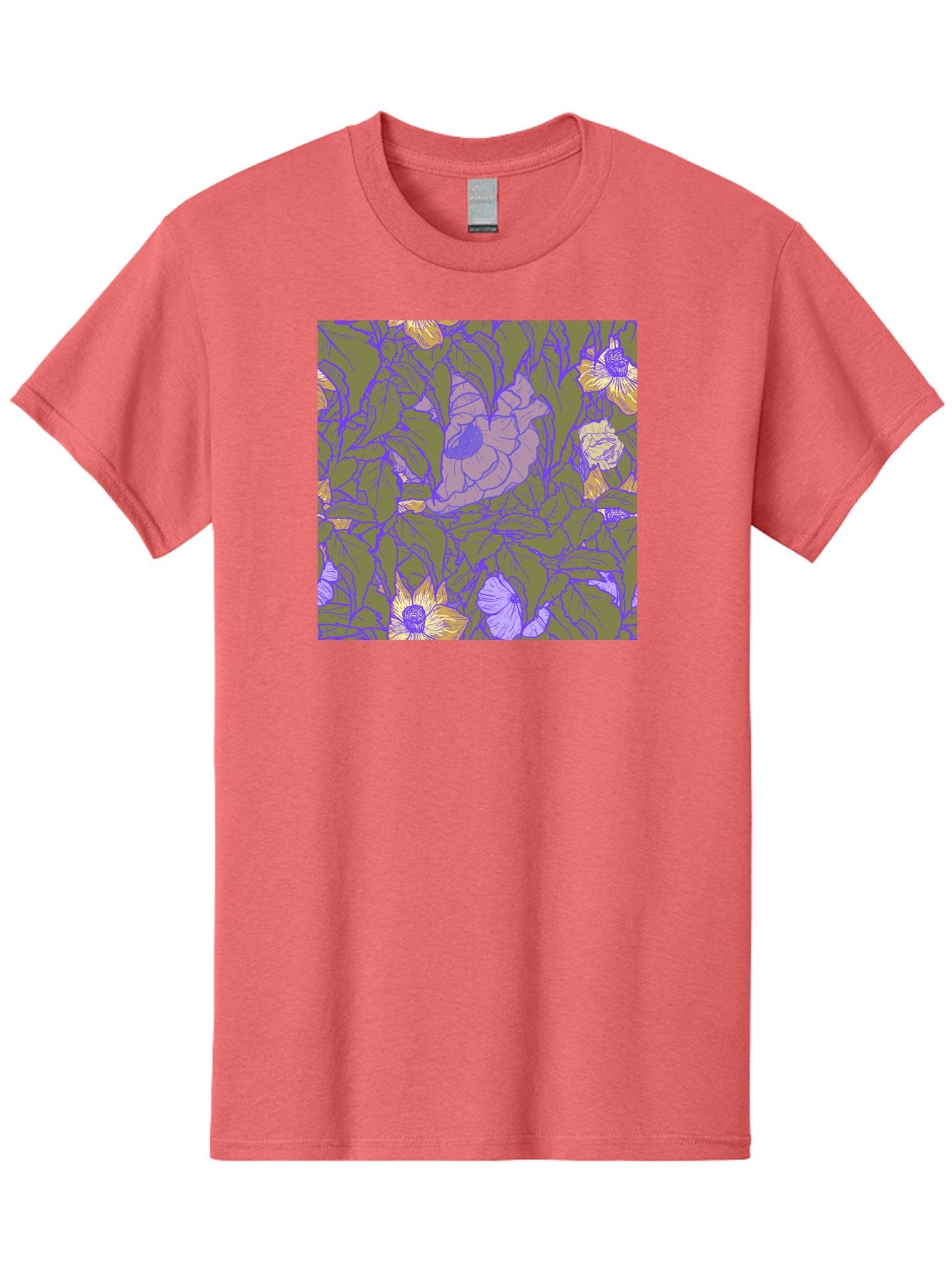 Floral-Pattern-1 Men'S Graphic Tee, 100% Cotton, Comfortable Casual Summer Wear, Machine Washable, Floral Pattern Design, Flower Arrangement, Pastel Colors, Yellow Flowers, Purple Outlines, Green Leaves, Artistic Illustration, Whimsical Decor, Aac391 9