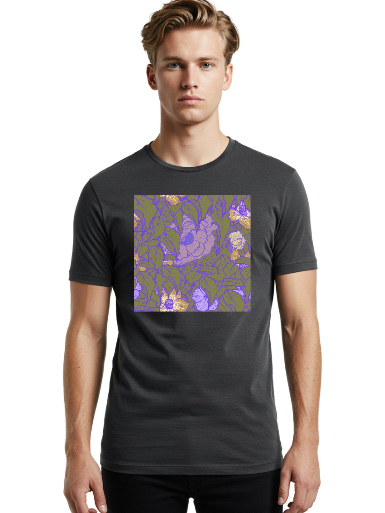 Floral-Pattern-1 Men'S Graphic Tee, 100% Cotton, Comfortable Casual Summer Wear, Machine Washable, Floral Pattern Design, Flower Arrangement, Pastel Colors, Yellow Flowers, Purple Outlines, Green Leaves, Artistic Illustration, Whimsical Decor, Aac391 27