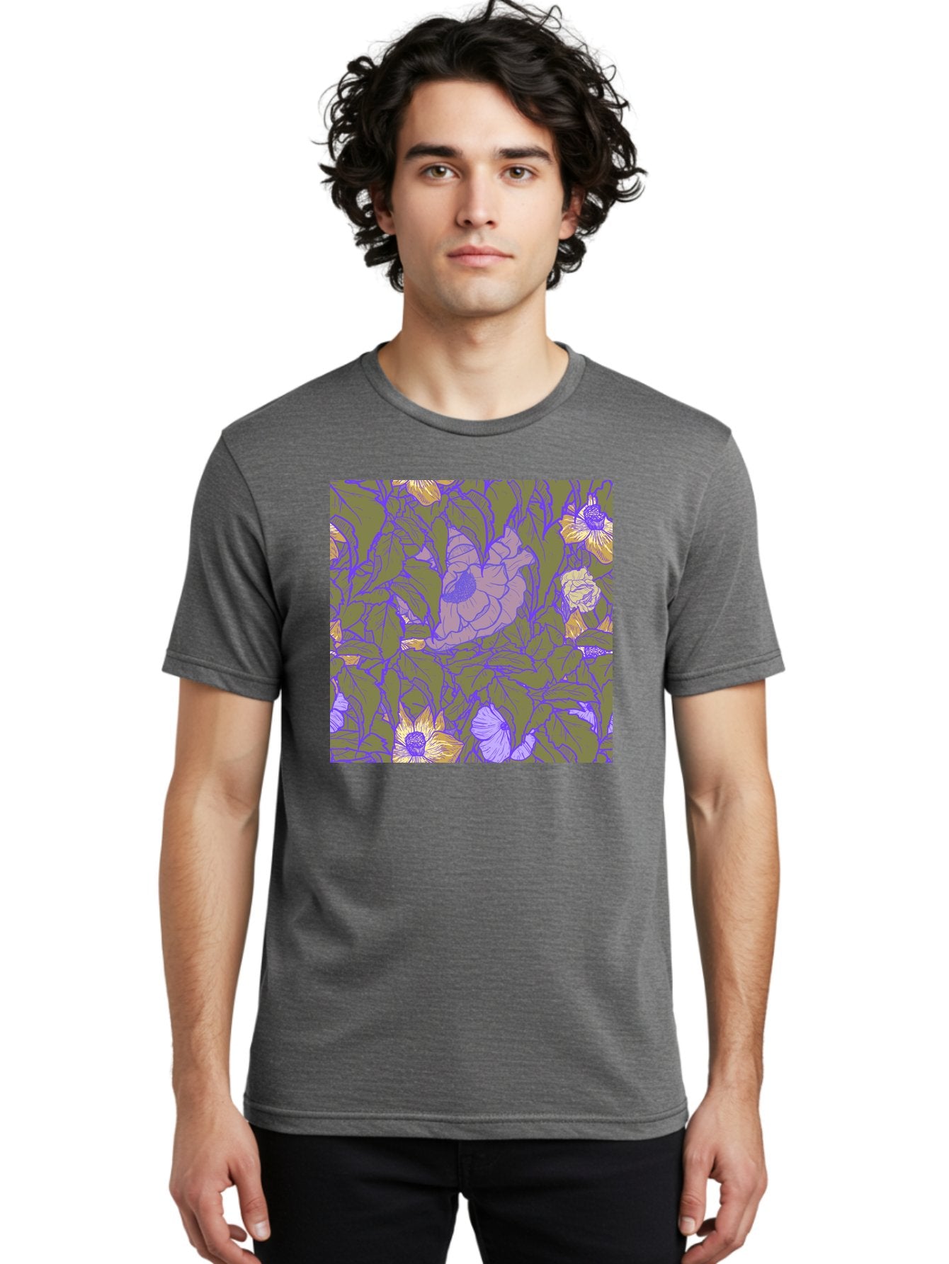 Floral-Pattern-1 Men'S Graphic Tee, 100% Cotton, Comfortable Casual Summer Wear, Machine Washable, Floral Pattern Design, Flower Arrangement, Pastel Colors, Yellow Flowers, Purple Outlines, Green Leaves, Artistic Illustration, Whimsical Decor, Aac391 17