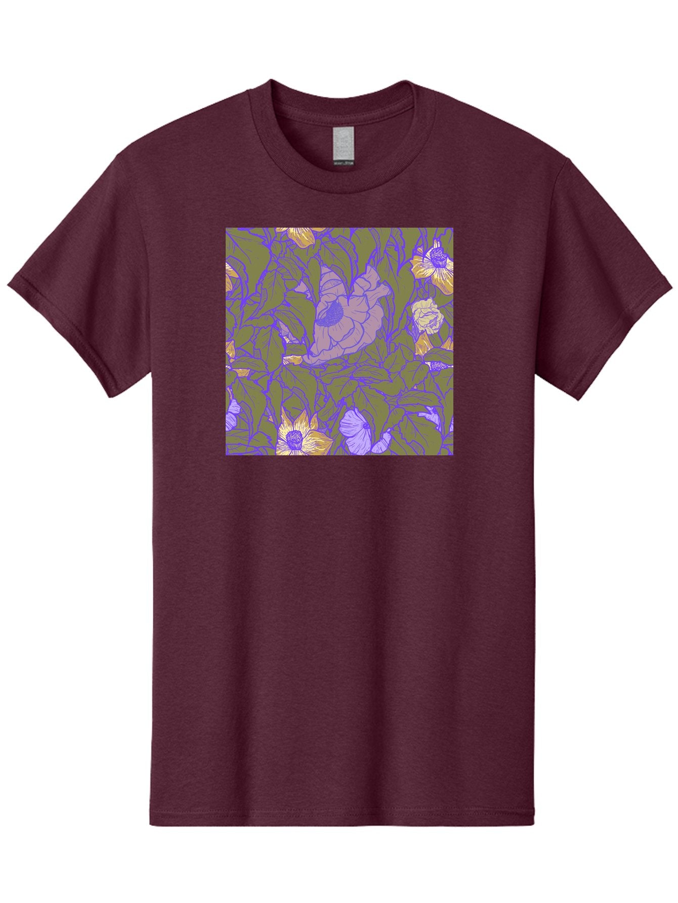 Floral-Pattern-1 Men'S Graphic Tee, 100% Cotton, Comfortable Casual Summer Wear, Machine Washable, Floral Pattern Design, Flower Arrangement, Pastel Colors, Yellow Flowers, Purple Outlines, Green Leaves, Artistic Illustration, Whimsical Decor, Aac391 7