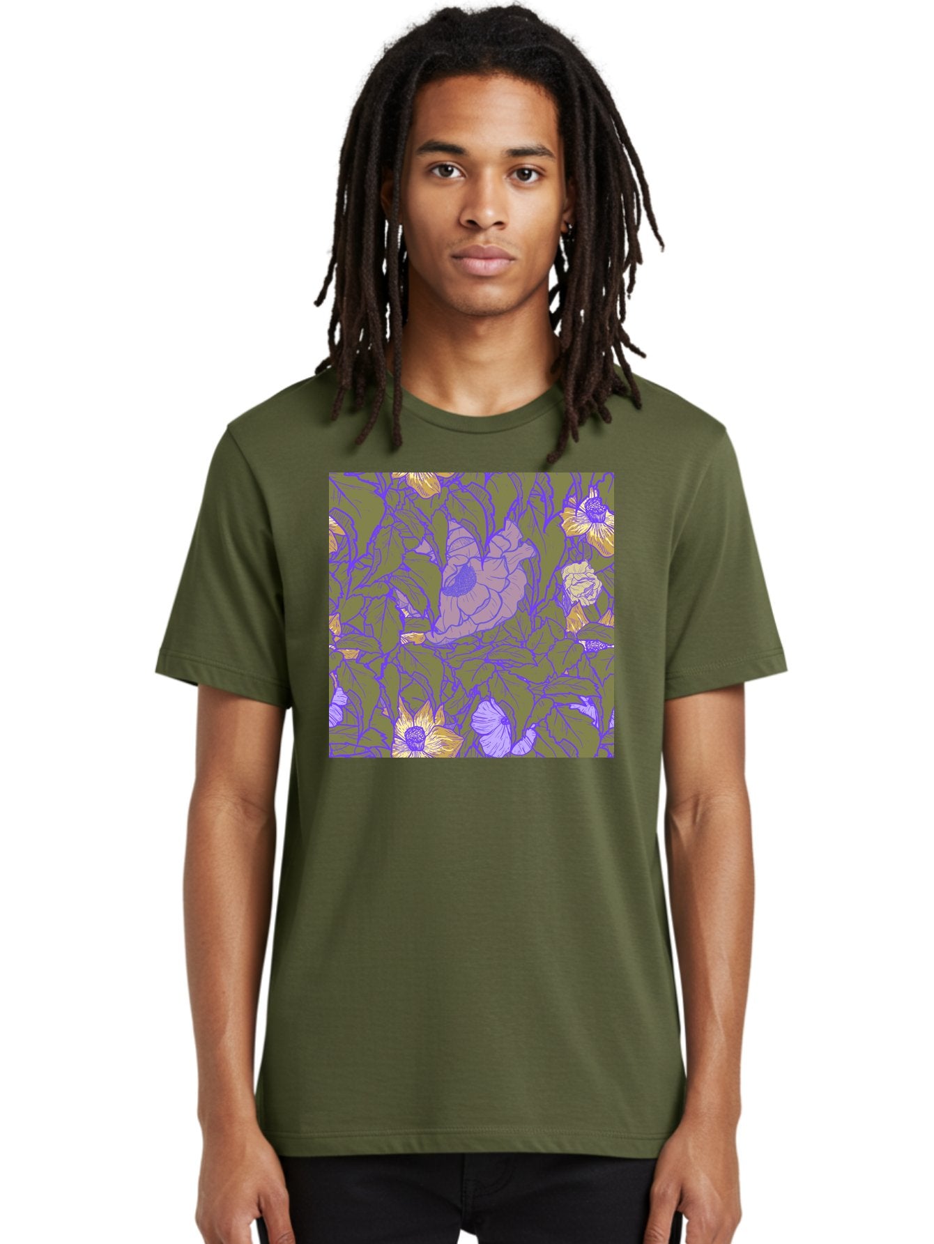 Floral-Pattern-1 Men'S Graphic Tee, 100% Cotton, Comfortable Casual Summer Wear, Machine Washable, Floral Pattern Design, Flower Arrangement, Pastel Colors, Yellow Flowers, Purple Outlines, Green Leaves, Artistic Illustration, Whimsical Decor, Aac391 30