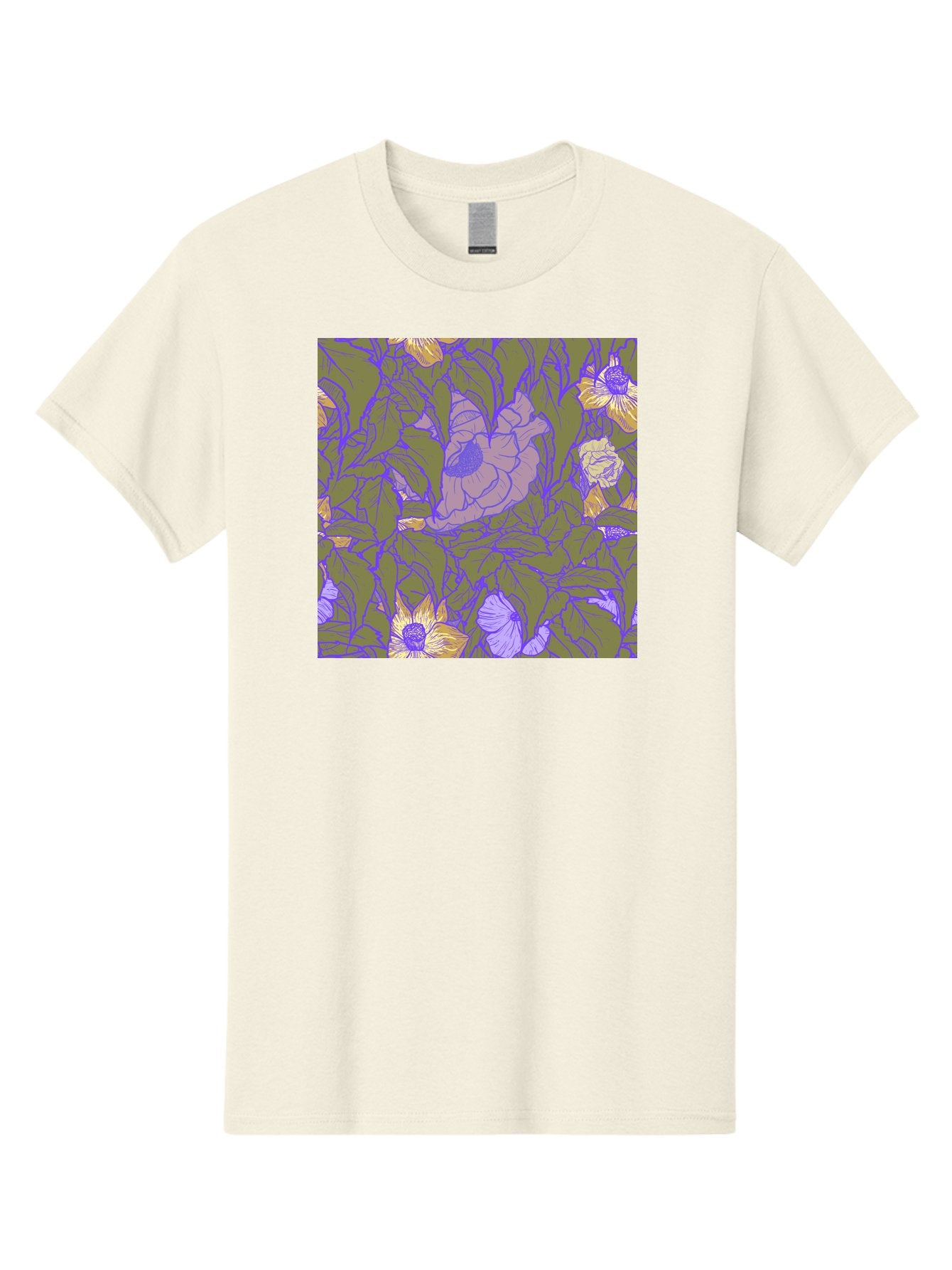 Floral-Pattern-1 Men'S Graphic Tee, 100% Cotton, Comfortable Casual Summer Wear, Machine Washable, Floral Pattern Design, Flower Arrangement, Pastel Colors, Yellow Flowers, Purple Outlines, Green Leaves, Artistic Illustration, Whimsical Decor, Aac391 14