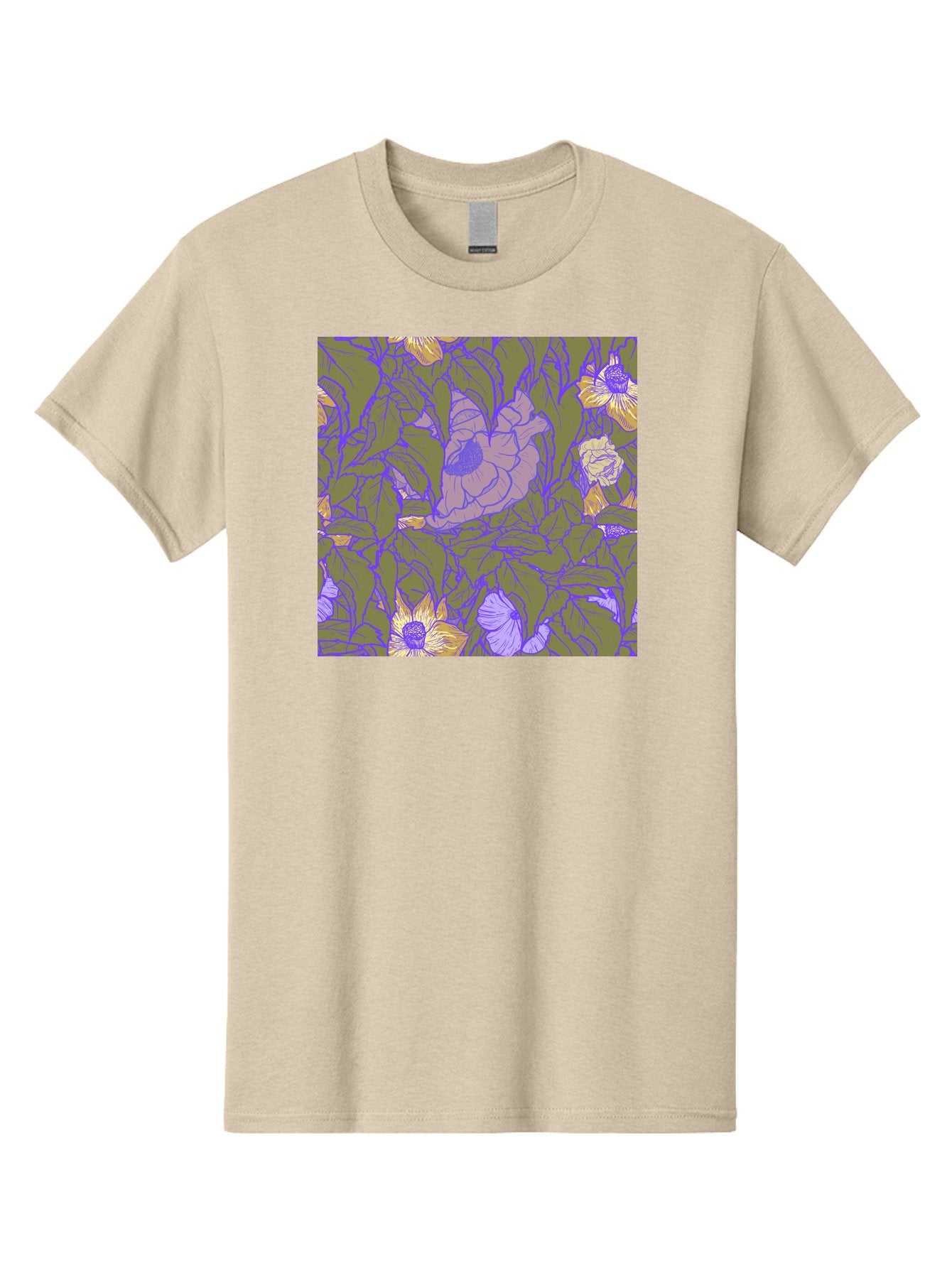 Floral-Pattern-1 Men'S Graphic Tee, 100% Cotton, Comfortable Casual Summer Wear, Machine Washable, Floral Pattern Design, Flower Arrangement, Pastel Colors, Yellow Flowers, Purple Outlines, Green Leaves, Artistic Illustration, Whimsical Decor, Aac391 5