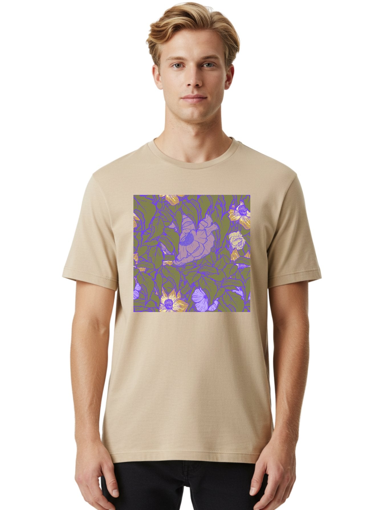 Floral-Pattern-1 Men'S Graphic Tee, 100% Cotton, Comfortable Casual Summer Wear, Machine Washable, Floral Pattern Design, Flower Arrangement, Pastel Colors, Yellow Flowers, Purple Outlines, Green Leaves, Artistic Illustration, Whimsical Decor, Aac391 23