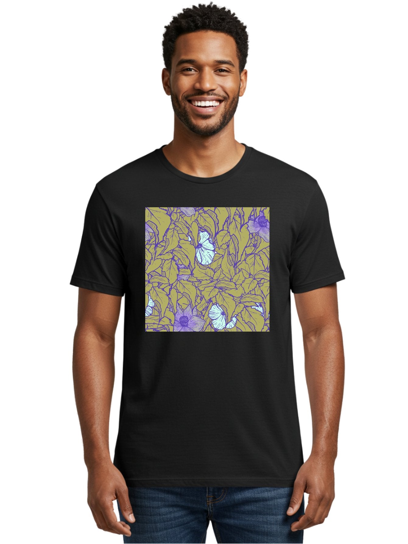 Floral-Pattern Men'S Graphic Tee, 100% Cotton, Comfortable Casual Summer Wear, Machine Washable, Floral Pattern, Purple Flowers, White Flowers, Yellow Leaves, Purple Outlines, Intricate Design, Nature-Inspired, Botanical Art, Aac392 16