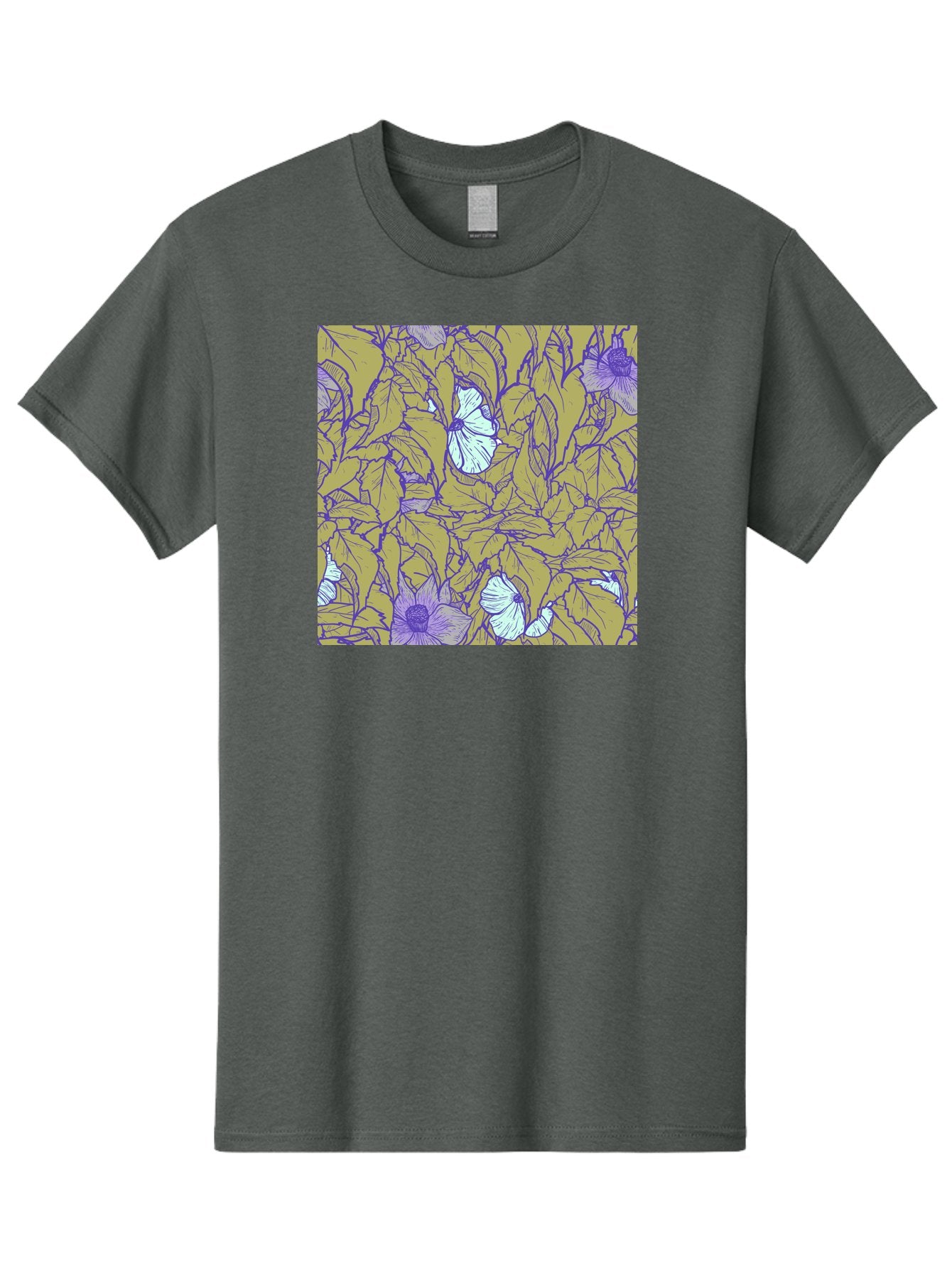 Floral-Pattern Men'S Graphic Tee, 100% Cotton, Comfortable Casual Summer Wear, Machine Washable, Floral Pattern, Purple Flowers, White Flowers, Yellow Leaves, Purple Outlines, Intricate Design, Nature-Inspired, Botanical Art, Aac392 9