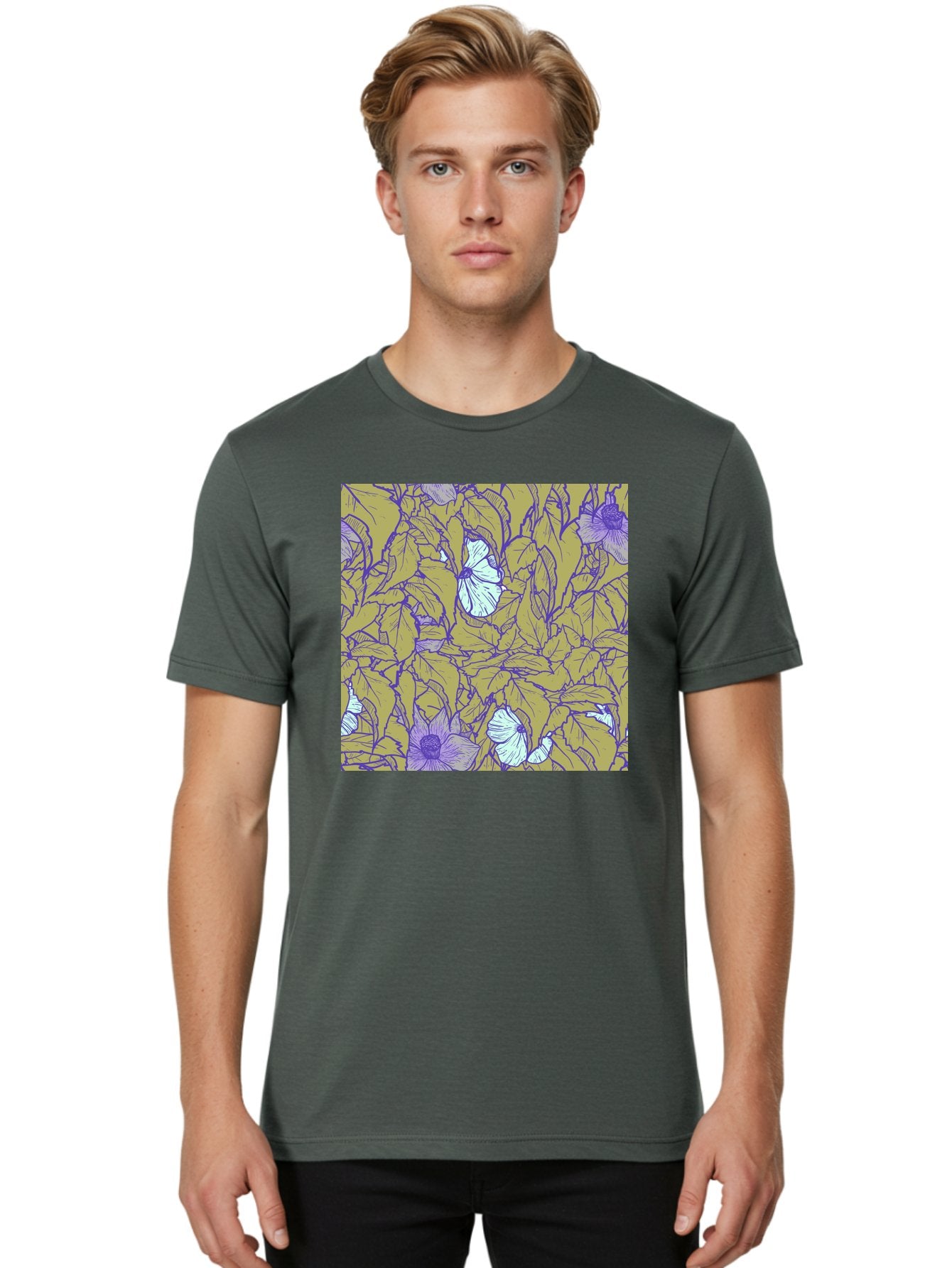 Floral-Pattern Men'S Graphic Tee, 100% Cotton, Comfortable Casual Summer Wear, Machine Washable, Floral Pattern, Purple Flowers, White Flowers, Yellow Leaves, Purple Outlines, Intricate Design, Nature-Inspired, Botanical Art, Aac392 26