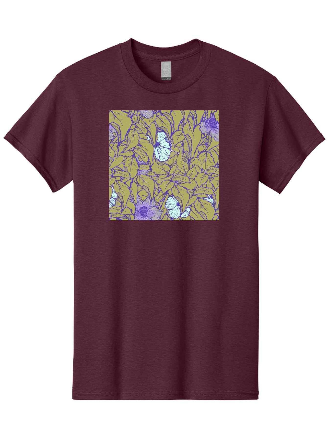 Floral-Pattern Men'S Graphic Tee, 100% Cotton, Comfortable Casual Summer Wear, Machine Washable, Floral Pattern, Purple Flowers, White Flowers, Yellow Leaves, Purple Outlines, Intricate Design, Nature-Inspired, Botanical Art, Aac392 4
