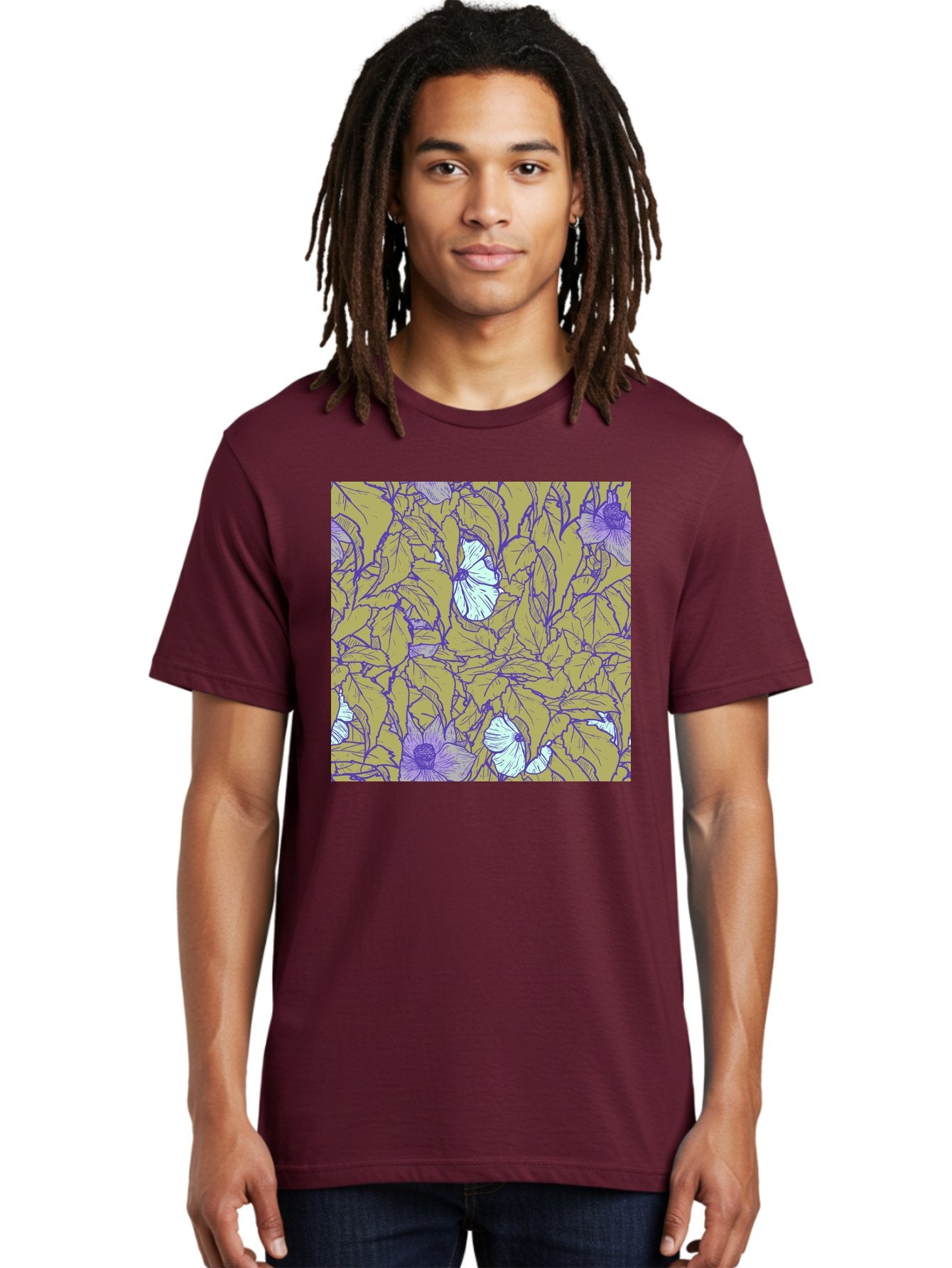 Floral-Pattern Men'S Graphic Tee, 100% Cotton, Comfortable Casual Summer Wear, Machine Washable, Floral Pattern, Purple Flowers, White Flowers, Yellow Leaves, Purple Outlines, Intricate Design, Nature-Inspired, Botanical Art, Aac392 18