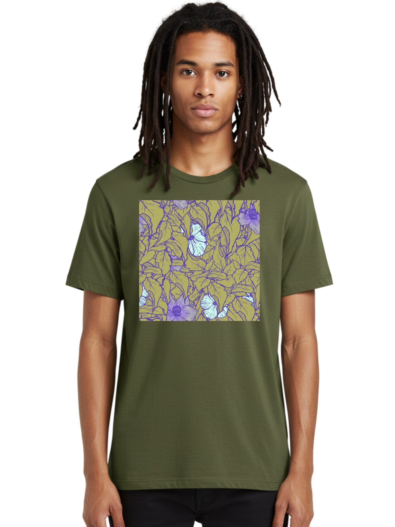 Floral-Pattern Men'S Graphic Tee, 100% Cotton, Comfortable Casual Summer Wear, Machine Washable, Floral Pattern, Purple Flowers, White Flowers, Yellow Leaves, Purple Outlines, Intricate Design, Nature-Inspired, Botanical Art, Aac392 27