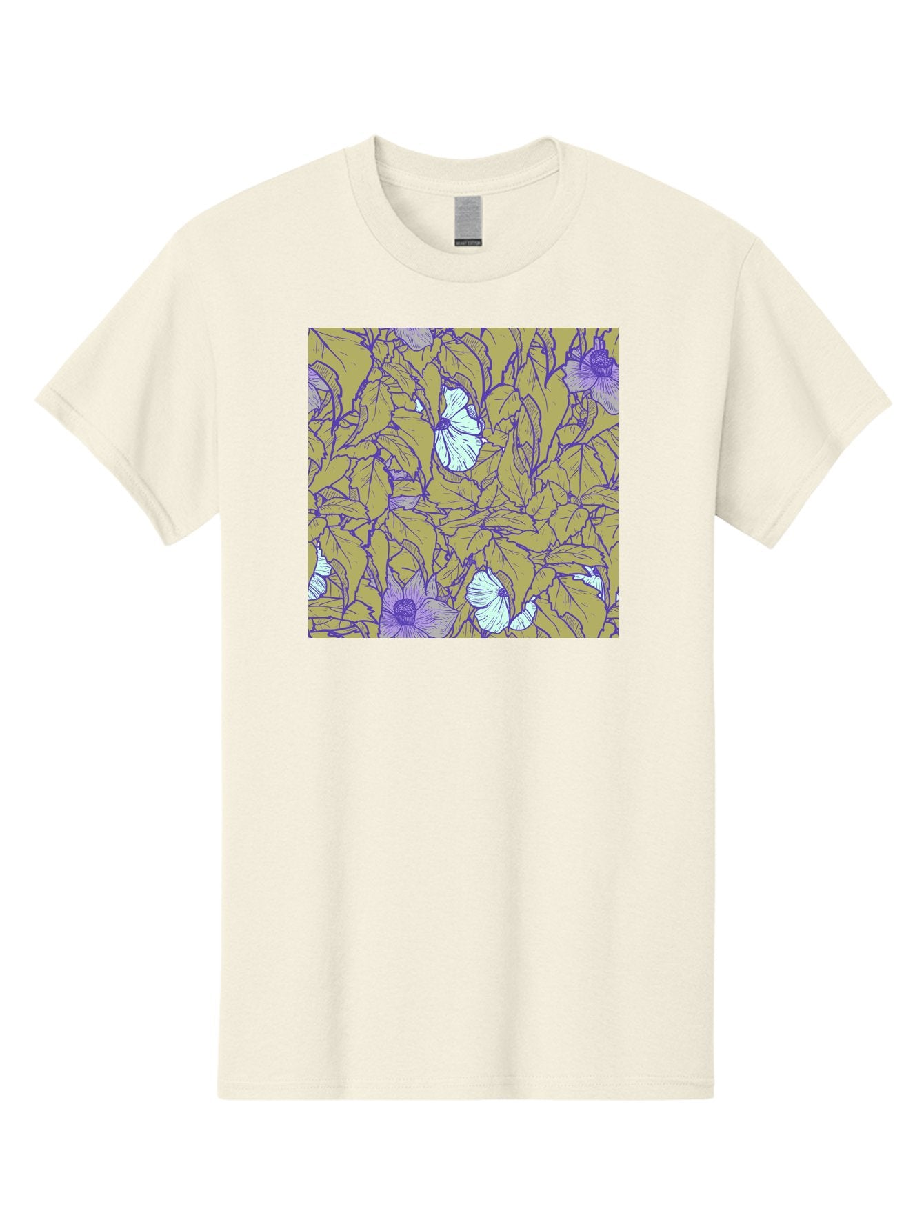 Floral-Pattern Men'S Graphic Tee, 100% Cotton, Comfortable Casual Summer Wear, Machine Washable, Floral Pattern, Purple Flowers, White Flowers, Yellow Leaves, Purple Outlines, Intricate Design, Nature-Inspired, Botanical Art, Aac392 3