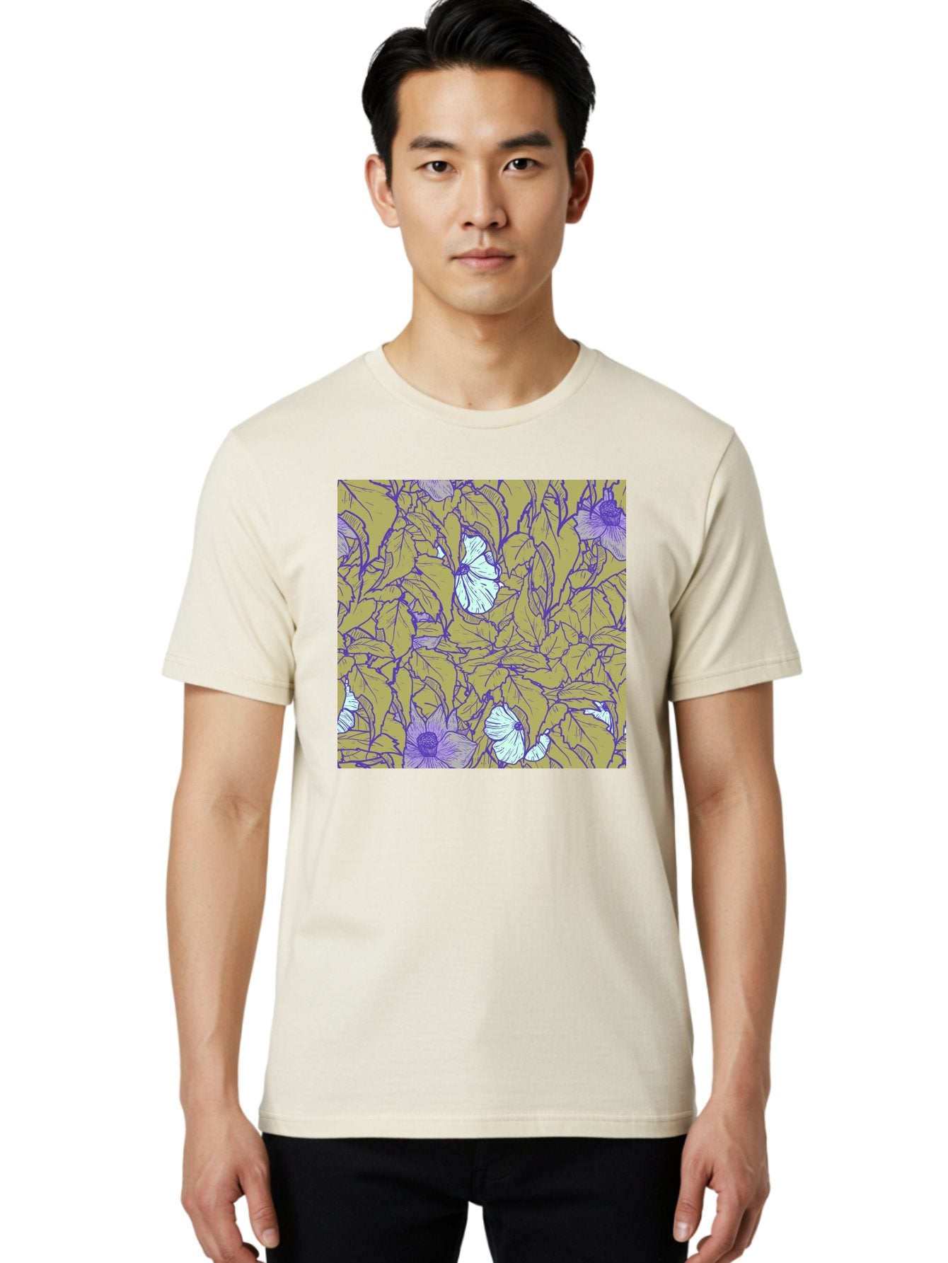 Floral-Pattern Men'S Graphic Tee, 100% Cotton, Comfortable Casual Summer Wear, Machine Washable, Floral Pattern, Purple Flowers, White Flowers, Yellow Leaves, Purple Outlines, Intricate Design, Nature-Inspired, Botanical Art, Aac392 22