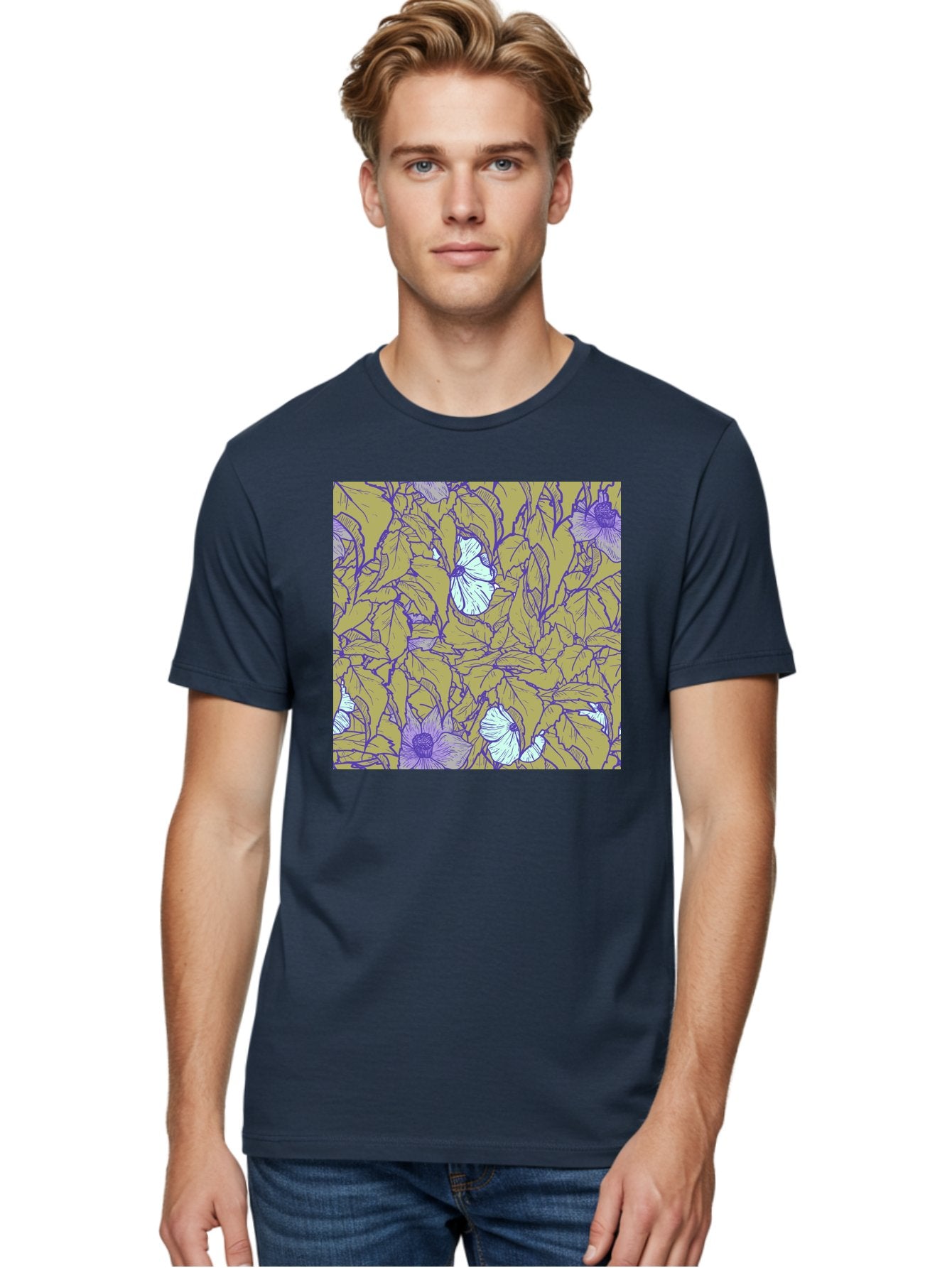 Floral-Pattern Men'S Graphic Tee, 100% Cotton, Comfortable Casual Summer Wear, Machine Washable, Floral Pattern, Purple Flowers, White Flowers, Yellow Leaves, Purple Outlines, Intricate Design, Nature-Inspired, Botanical Art, Aac392 17