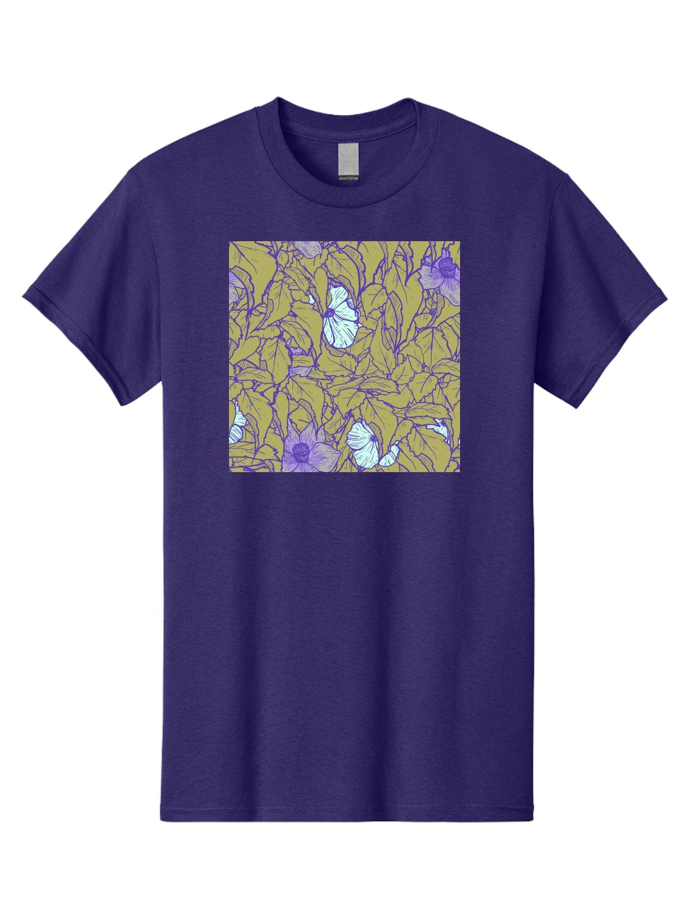 Floral-Pattern Men'S Graphic Tee, 100% Cotton, Comfortable Casual Summer Wear, Machine Washable, Floral Pattern, Purple Flowers, White Flowers, Yellow Leaves, Purple Outlines, Intricate Design, Nature-Inspired, Botanical Art, Aac392 14