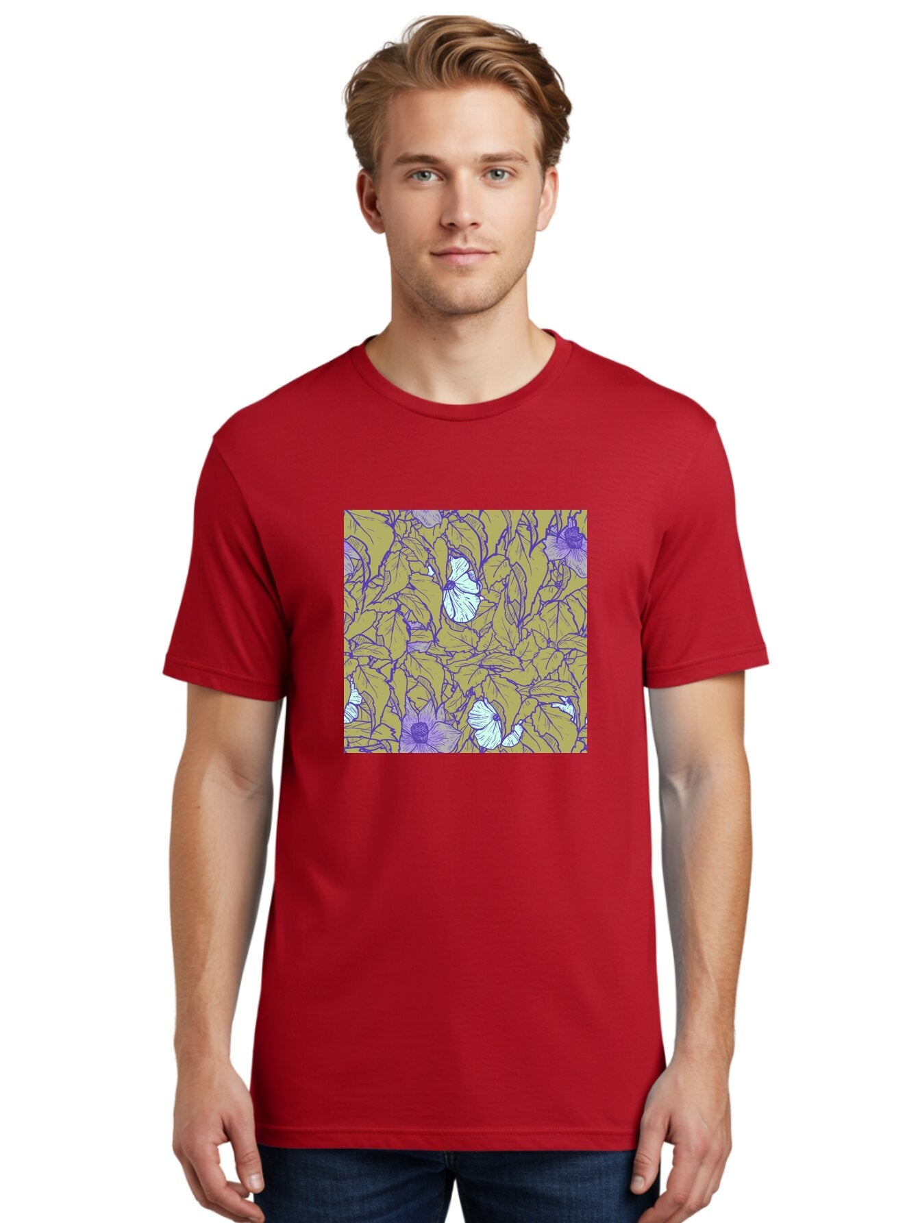 Floral-Pattern Men'S Graphic Tee, 100% Cotton, Comfortable Casual Summer Wear, Machine Washable, Floral Pattern, Purple Flowers, White Flowers, Yellow Leaves, Purple Outlines, Intricate Design, Nature-Inspired, Botanical Art, Aac392 25