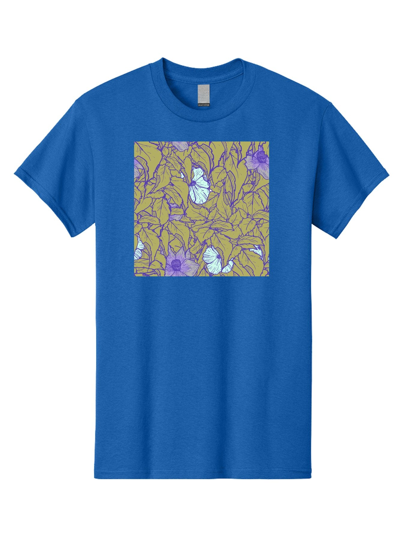 Floral-Pattern Men'S Graphic Tee, 100% Cotton, Comfortable Casual Summer Wear, Machine Washable, Floral Pattern, Purple Flowers, White Flowers, Yellow Leaves, Purple Outlines, Intricate Design, Nature-Inspired, Botanical Art, Aac392 12