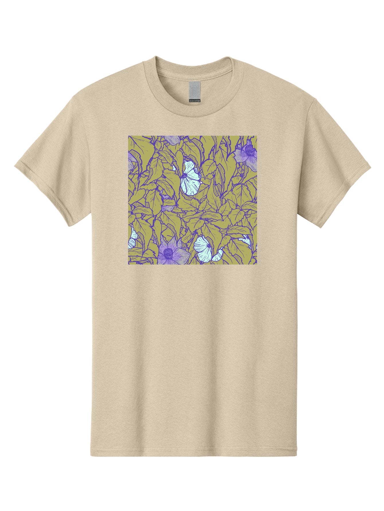 Floral-Pattern Men'S Graphic Tee, 100% Cotton, Comfortable Casual Summer Wear, Machine Washable, Floral Pattern, Purple Flowers, White Flowers, Yellow Leaves, Purple Outlines, Intricate Design, Nature-Inspired, Botanical Art, Aac392