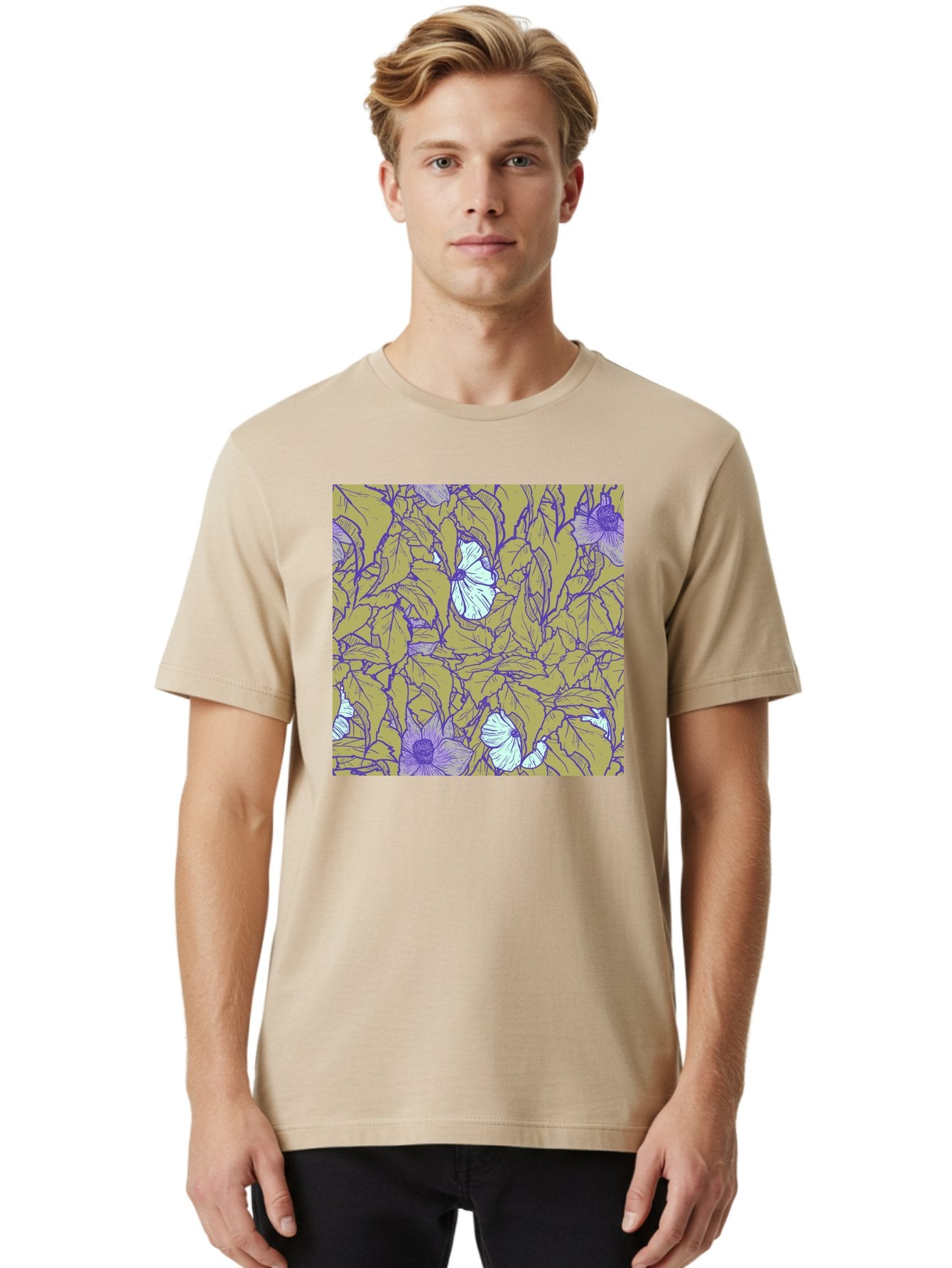 Floral-Pattern Men'S Graphic Tee, 100% Cotton, Comfortable Casual Summer Wear, Machine Washable, Floral Pattern, Purple Flowers, White Flowers, Yellow Leaves, Purple Outlines, Intricate Design, Nature-Inspired, Botanical Art, Aac392 19