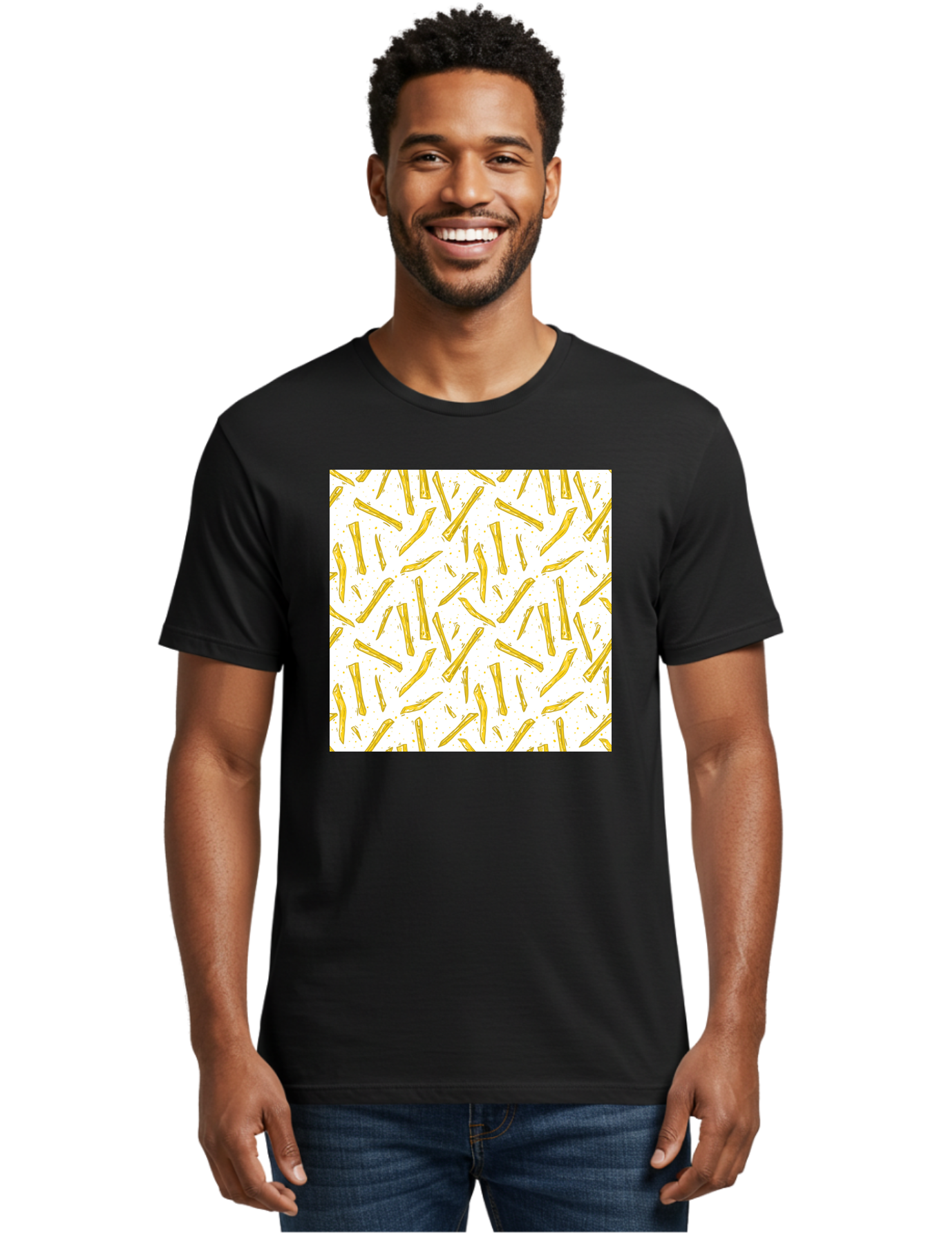 French-Fries-Pattern Men'S Graphic Tee, 100% Cotton, Comfortable Casual Summer Wear, Machine Washable, French Fries Pattern, Yellow Fries, White Background, Food Design, Snack Pattern, Restaurant Theme, Casual Dining, Appetizing Visuals, Aac393 30