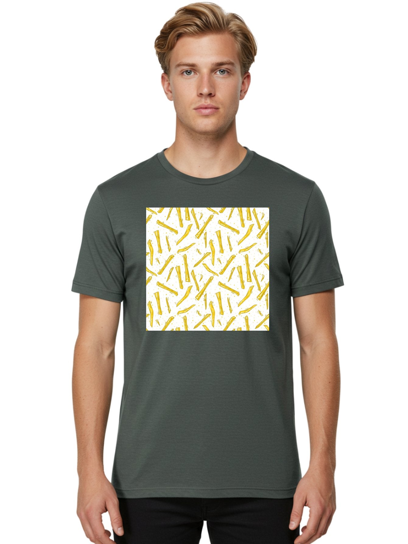 French-Fries-Pattern Men'S Graphic Tee, 100% Cotton, Comfortable Casual Summer Wear, Machine Washable, French Fries Pattern, Yellow Fries, White Background, Food Design, Snack Pattern, Restaurant Theme, Casual Dining, Appetizing Visuals, Aac393 21