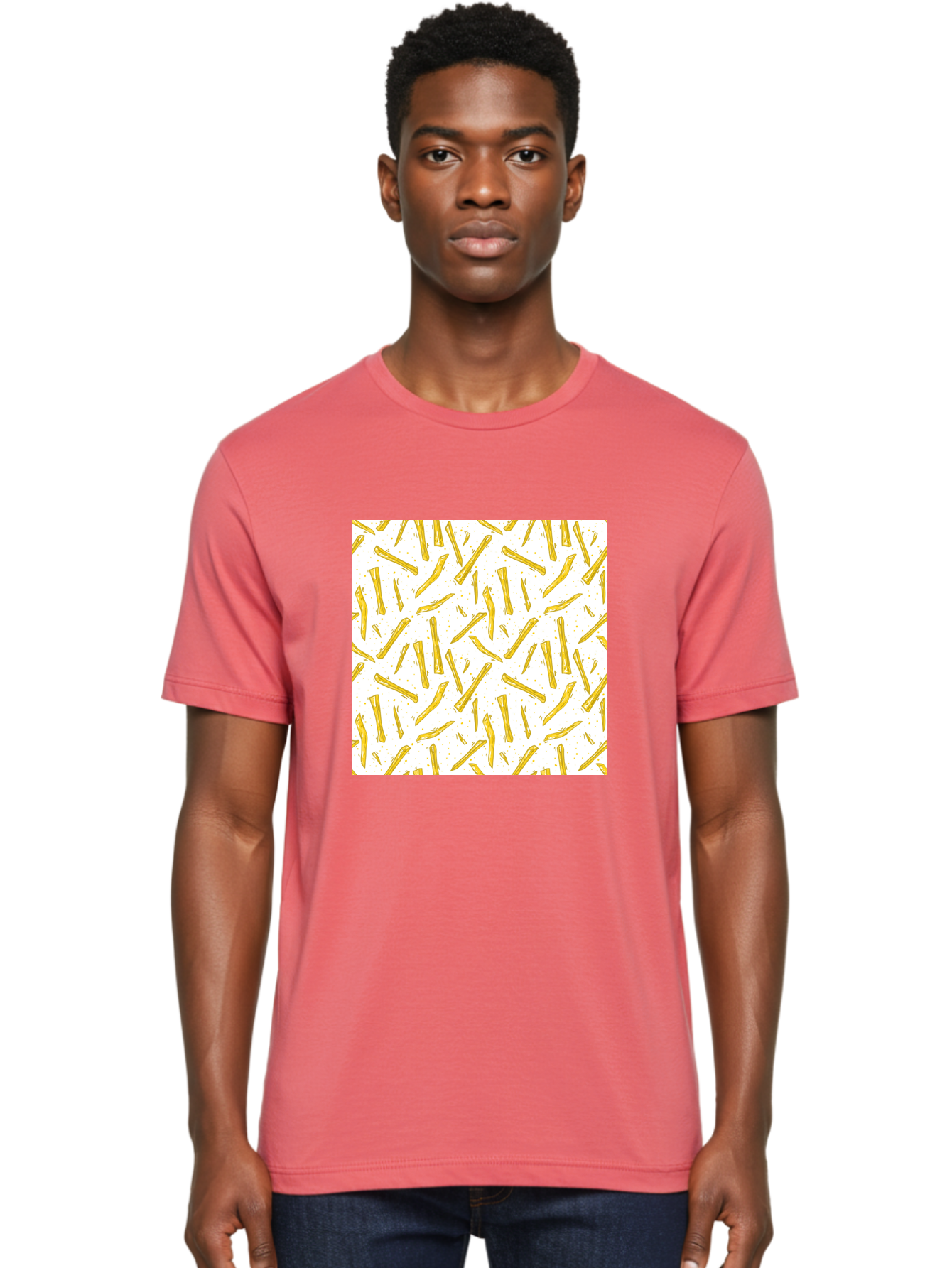 French-Fries-Pattern Men'S Graphic Tee, 100% Cotton, Comfortable Casual Summer Wear, Machine Washable, French Fries Pattern, Yellow Fries, White Background, Food Design, Snack Pattern, Restaurant Theme, Casual Dining, Appetizing Visuals, Aac393 24