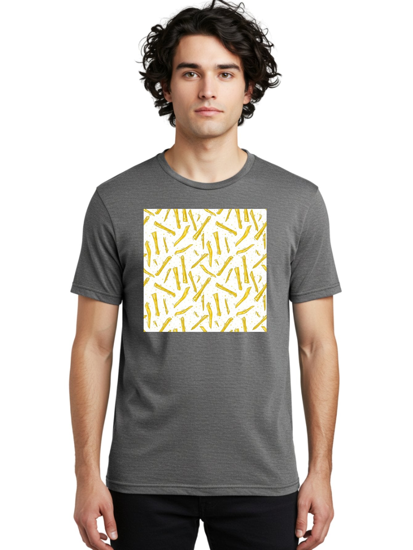 French-Fries-Pattern Men'S Graphic Tee, 100% Cotton, Comfortable Casual Summer Wear, Machine Washable, French Fries Pattern, Yellow Fries, White Background, Food Design, Snack Pattern, Restaurant Theme, Casual Dining, Appetizing Visuals, Aac393 29