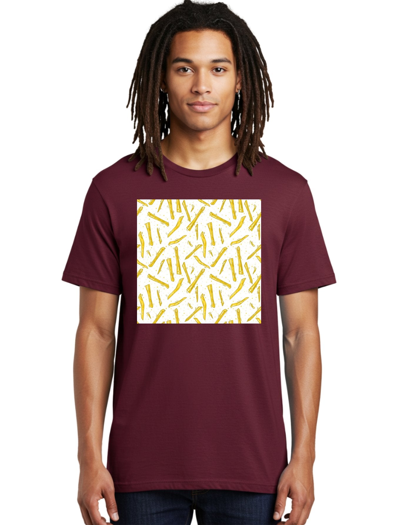 French-Fries-Pattern Men'S Graphic Tee, 100% Cotton, Comfortable Casual Summer Wear, Machine Washable, French Fries Pattern, Yellow Fries, White Background, Food Design, Snack Pattern, Restaurant Theme, Casual Dining, Appetizing Visuals, Aac393 17